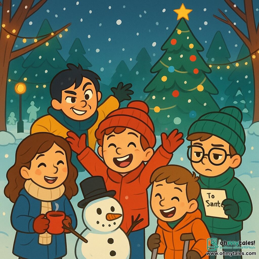 There are 5 children: - **Max**: an 11-year-old boy with curly hair and a mischievous smile. He wears a bright red coat and a matching hat. He is at the center of the image, raising his arms in the air enthusiastically. - **Mia**: an 11-year-old girl with long wavy hair and rosy cheeks. She wears a wool scarf and a blue coat. She stands to the left of Max, smiling and holding a cup of hot chocolate. - **Leo**: an 11-year-old boy with glasses and brown hair. He wears a green sweater and a knitted hat. He is to the right of Max, showing a letter to Santa with a serious expression. - **Sam**: an 11-year-old boy with blonde hair and a warm smile. He uses crutches and wears an orange coat. He is slightly behind, laughing joyfully. - **Jake**: an 11-year-old boy with black hair and a cheeky face. He wears a yellow coat and makes a funny face. He is behind Max, ready to play a prank. The scene takes place in a magical winter park, where snowflakes fall gently. Majestic trees are illuminated with sparkling garlands, and a large Christmas tree stands in the center, decorated with colorful ornaments and bright stars. The ground is covered with a thick layer of snow, and children are joyfully playing around a snowman. The main situation shows the children gathered around a snowman they just built, laughing and sharing stories about their letters to Santa. They are filled with excitement and joy, capturing the spirit of Christmas in a moment of camaraderie and friendship.