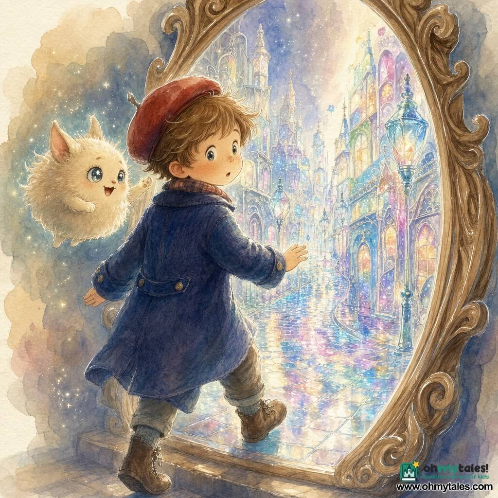 A shy 6-year-old boy with a round freckled face, messy light-brown hair, navy wool coat and red cap places his hand on a large antique carved wooden mirror and prepares to step through as Lumi, a smiling cream fur ball with starry eyes and pointy ears, floats at shoulder height and offers a paw; the mirror opens onto a mirrored city with silver-paved streets, color-shifting façades, blown-glass lamp posts and stardust in the air, soft light and multicolored reflections surrounding them, textures of carved wood, wool, fur and sparkling cobbles visible.