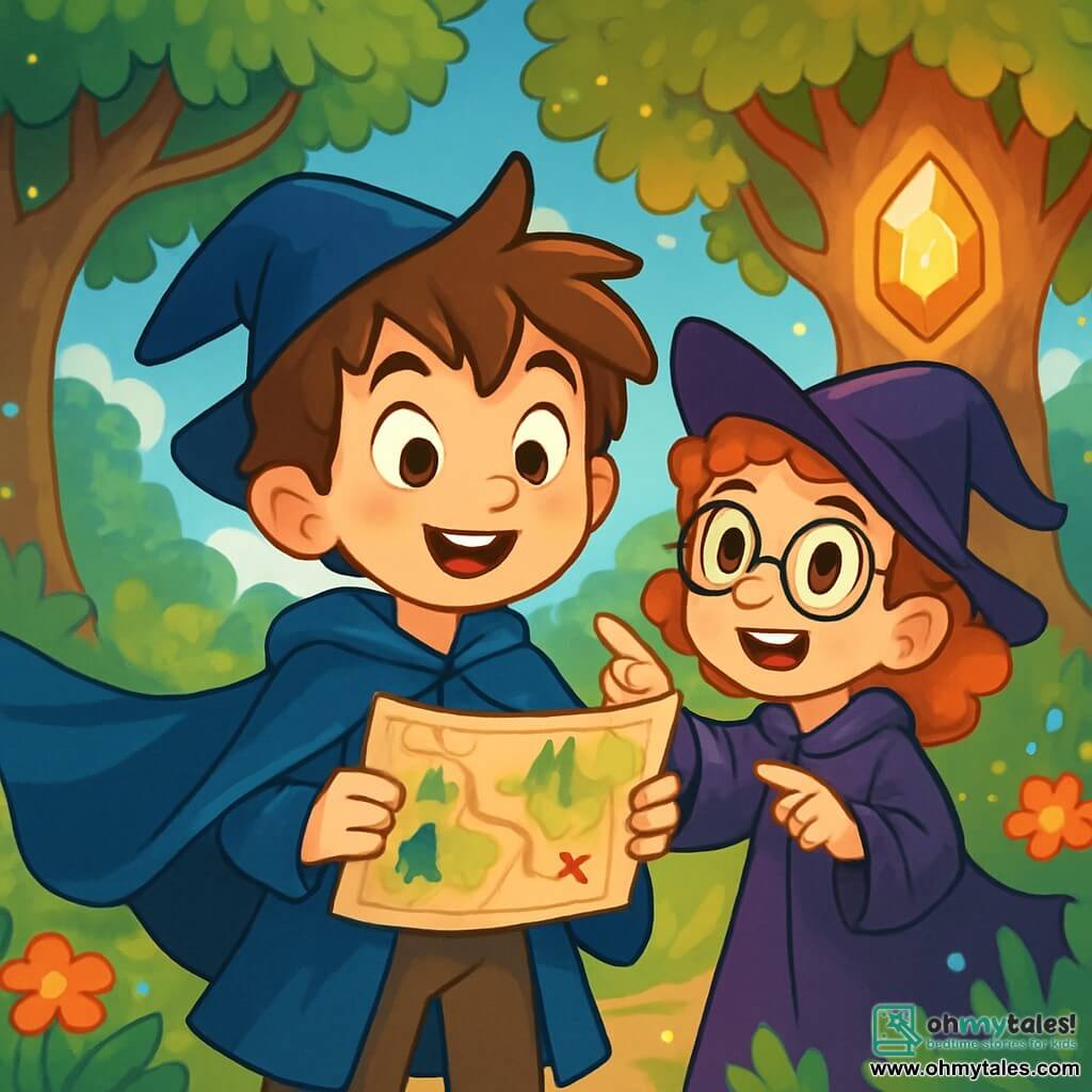 A young apprentice wizard, a seven-year-old boy with messy hair and sparkling eyes full of curiosity, stands at the center of the scene, holding a magical map in his hands. He wears a large blue cloak that billows around him, and his face shows a mix of excitement and wonder. Next to him is his best friend Luna, a little witch of his age with curly hair and round glasses, joyfully pointing at a direction on the map. They are in an enchanted clearing, surrounded by majestic trees with shimmering branches and colorful flowers that seem to dance in a gentle breeze. In the background, a large tree with golden leaves shelters a shining gem that pulses with a warm light. The main situation shows the two friends ready to embark on an adventure, their faces lit up by the excitement of discovering the mystery of the enchanted gem.