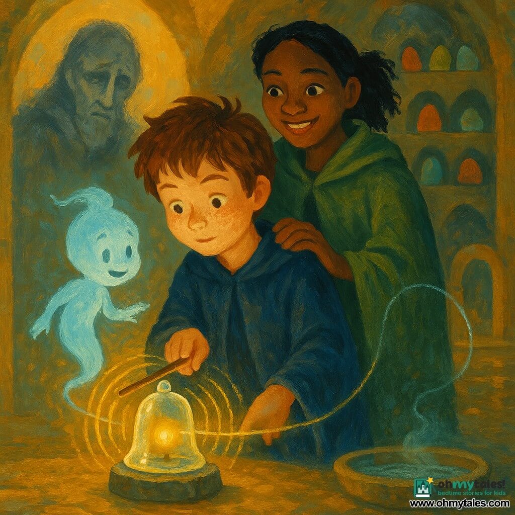 The main character is Milo, an 8-year-old apprentice wizard with a round freckled face, messy chestnut hair and a focused gentle expression, wearing an oversized midnight-blue robe and holding a short wooden wand in his right hand against a small glass bell on a stone base; behind him stands Nessa, an 11-year-old apprentice witch with black hair tied by a ribbon coming undone, an encouraging smile and a hand on Milo’s shoulder, wearing a moss-green cloak; floating before the bell is Lark, a pale blue translucent childlike spirit with a smoky mini-child form and bright curious eyes, a thin silver thread tied to its wrist stretching backward; in the distance a tall grey blurred guide silhouette with an ancient sad face is half-lit by the bell’s glow; the scene is an underground stone chamber with warm amber light, a polished damp floor, a steaming water basin, niches of painted stones and golden reflections; Milo gently taps the bell, a luminous note radiates as golden waves, the silver thread on Lark lights and gently pulls the spirit toward a stone arch behind the base, creating a calm, warm, magical atmosphere in a palette of ochres, pale blues and moss greens, with visible brush textures and sparkling light touches.