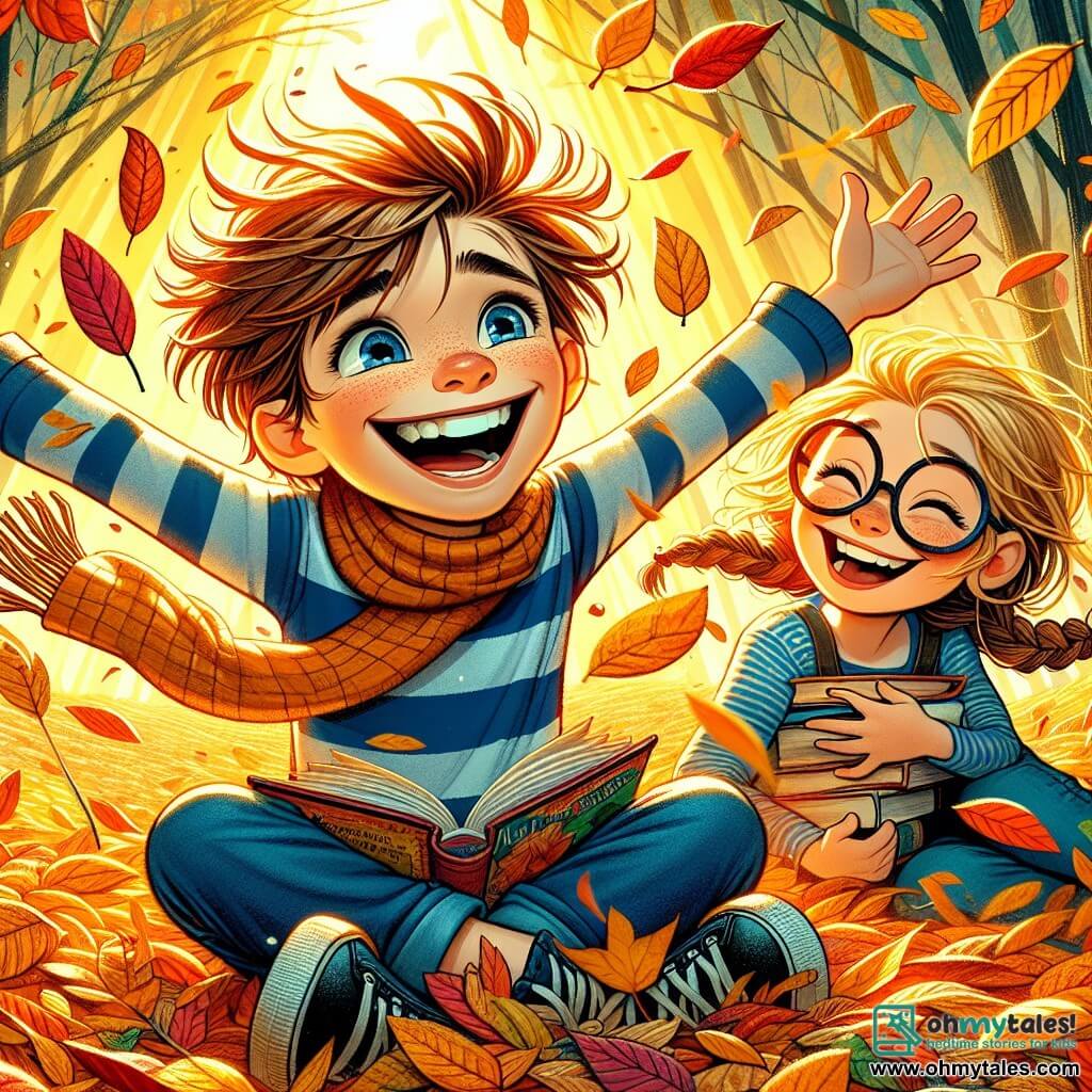 A 10-year-old boy named Theo, with messy brown hair and a big amazed smile, is sitting on a pile of golden leaves with his arms open, as if trying to catch the wind. He is wearing a blue striped sweater and denim pants, his eyes sparkling with joy. Next to him is his best friend Mia, a 10-year-old girl with braided blonde hair and round glasses, laughing while holding a big book on the autumn leaves, leaning towards Theo. Their environment is a vibrant autumn forest, where trees are covered with red, orange, and yellow leaves, and the ground is carpeted with a thick layer of leaves. Sunlight filters through the branches, creating bright patterns on the ground. The main scene shows Theo and Mia exploring, surrounded by flying leaves as they enjoy collecting colorful leaves for their school project on autumn.