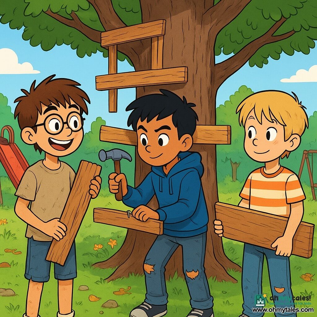 There are three characters: Sam, a 10-year-old boy with messy brown hair and round glasses, wearing a worn t-shirt and faded shorts, standing on the left holding a piece of old wood with a big smile. Luis, a 9-year-old boy with black hair and sparkling eyes, wearing a blue hoodie and ripped jeans, is in the center, focused on hammering a nail. Ethan, a 10-year-old boy with blonde hair and a shy expression, wearing a striped t-shirt and worn sneakers, is on the right holding a wooden board, admiring his friends. The scene takes place in an old park with a large oak tree at the center, surrounded by green grass and colorful flowers, with the ground scattered with dead leaves and small pebbles. In the background, there is a rusty old slide and a swing gently creaking in the wind. The main situation shows the three boys building a tree in the oak, using reclaimed wood planks. They are laughing and helping each other, despite their worn clothes and dirty hands. The atmosphere is joyful and energetic, illustrating their friendship and creativity in the face of challenges.