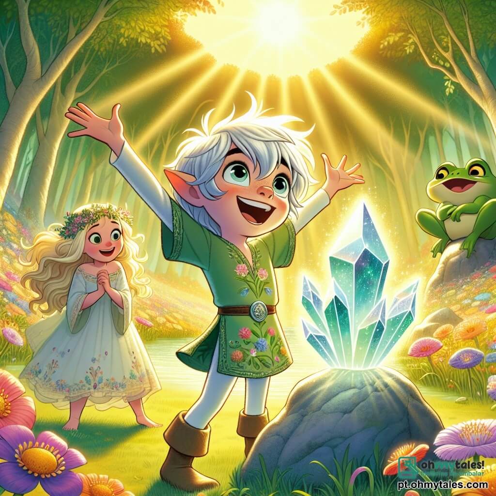 Um elfo chamado Elenor, com cabelos prateados brilhantes e orelhas pontudas, expressa grande alegria enquanto está no centro de uma clareira iluminada, cercado por flores coloridas que dançam ao vento. Ele veste uma túnica verde adornada com padrões florais e sorri amplamente, seus olhos brilhando com magia. Ao seu lado, Lila, uma menina de 8 anos com cabelos dourados e olhos azuis brilhantes, observa maravilhada o grande cristal cintilante no centro da cena. Ela usa um vestido leve em tons pastel e parece pronta para dançar de alegria, com os braços levantados para o céu. Um pouco afastado, Rufus, um sapo gigante de olhos redondos e sorriso contagiante, está em uma pedra, rindo entusiasticamente. Sua pele é de um verde vibrante, e ele usa um pequeno chapéu de folha. O local é uma clareira encantada, banhada em luz dourada, cercada por árvores majestosas com folhas cintilantes, com cristais coloridos que emitem um suave brilho, criando uma atmosfera mágica e acolhedora. A cena principal mostra Elenor, Lila e Rufus celebrando a descoberta do Coração do Pântano, cercados de luz e cores, prontos para compartilhar sua alegria com todos os habitantes do Pântano Brumoso.