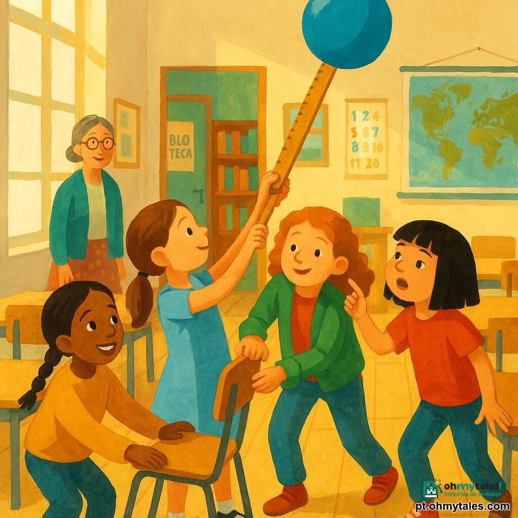 Cinco personagens: Leonor, cerca de 8 anos, cabelo castanho liso apanhado em rabo, vestido azul claro, no centro, olhos concentrados, braços estendidos segurando uma grande régua de madeira que sustenta um balão; Sara, cerca de 8 anos, cabelo castanho em tranças, casaco amarelo, à esquerda de Leonor a estabilizar uma cadeira com sorriso tranquilizador; Inês, cerca de 9 anos, cabelo ruivo encaracolado, casaco verde, atrás de Leonor a guiar a régua com cuidado; Marta, cerca de 9 anos, cabelo preto com franja, t‑shirt vermelha, na ponta dos pés a tocar o balão com a ponta da régua, expressão de esforço cómico; professora Sofia, cerca de 40 anos, cabelo grisalho preso, óculos redondos, saia estampada, observa benevolente ao fundo junto às estantes. Ambiente: sala de aula luminosa com chão de madeira clara, grandes janelas com raio de sol dourado, paredes com cartazes bilingues ("Biblioteca / Library"), um grande planisfério pendurado, mesas em filas e uma cadeira deslocada usada para alcançar o balão. Situação: balão azul flutuando perto do teto sustentado pela régua; as quatro alunas trabalham em equipa para o recuperar sem furá‑lo; gestos precisos, determinação e humor suave, atmosfera acolhedora, cores suaves e textura de gouache.