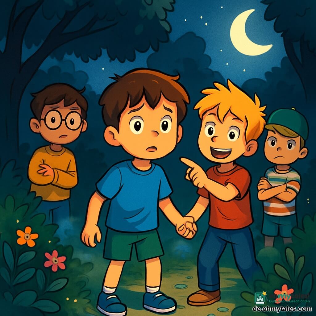 Es gibt 4 Kinder: Lukas, ein 10-jähriger Junge mit braunen Haaren und leuchtenden Augen, trägt ein blaues T-Shirt und grüne Shorts und steht in der Mitte, etwas besorgt und schaut sich um. Ben, ein 9-jähriger Junge mit zerzausten blonden Haaren und einem schelmischen Lächeln, trägt ein rotes T-Shirt und Jeans und steht rechts von Lukas, während er auf den Garten zeigt. Emil, ein 10-jähriger Junge mit runden Brillen und braunen Haaren, trägt einen gelben Pullover und steht leicht links im Hintergrund und beobachtet die Schatten der Bäume. Jonas, ein 9-jähriger Junge mit schwarzen Haaren und einer grünen Mütze, trägt ein gestreiftes T-Shirt und steht hinter Lukas mit verschränkten Armen und einem entschlossenen Ausdruck. Der Ort ist ein grüner Garten, umgeben von großen Bäumen mit dunklen Blättern, die geheimnisvolle Schatten werfen. Das Mondlicht beleuchtet sanft den Boden, der bunte Blumen und funkelnde Steine zeigt. Der Himmel ist mit leuchtenden Sternen übersät, und eine leichte Brise lässt die Blätter tanzen. Die Kinder sind versammelt, etwas nervös, aber neugierig, bereit, den dunklen Garten zu erkunden. Sie schauen mit weit aufgerissenen Augen auf die Baum Schatten, halten sich zur Beruhigung an den Händen, während ein leichter Nebel um sie schwebt und ihrer nächtlichen Abenteuerreise einen Hauch von Geheimnis verleiht.