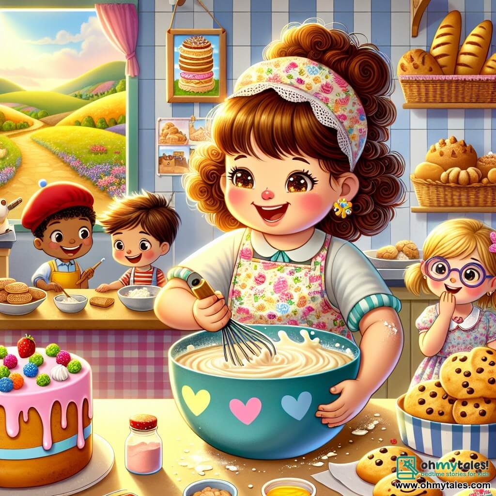Miss Rosie, a cheerful woman with curly brown hair and sparkling eyes, wears a colorful apron adorned with bread and cake patterns. She smiles enthusiastically while mixing ingredients in a large bowl, surrounded by bright colors and sweets. Tommy, an 8-year-old boy in a red cap with rosy cheeks, stands next to her, laughing as he tries not to splash batter on his nose. Lily, a 7-year-old girl with pigtails and a floral dress, leans over the table, watching the preparation with wide-eyed wonder. Sam, a 9-year-old boy wearing oversized glasses, is shaping cookies, focused on his task. The scene takes place in Miss Rosie's cozy bakery, with walls decorated with colorful paintings of hills and smiling animals. Shelves are filled with golden bread, colorful cakes, and crunchy cookies, while gentle sunlight filters through the windows, creating a welcoming atmosphere. The main situation shows Miss Rosie and the children joyfully preparing a colorful layered cake together, mixing ingredients and sharing moments of camaraderie in the kitchen.