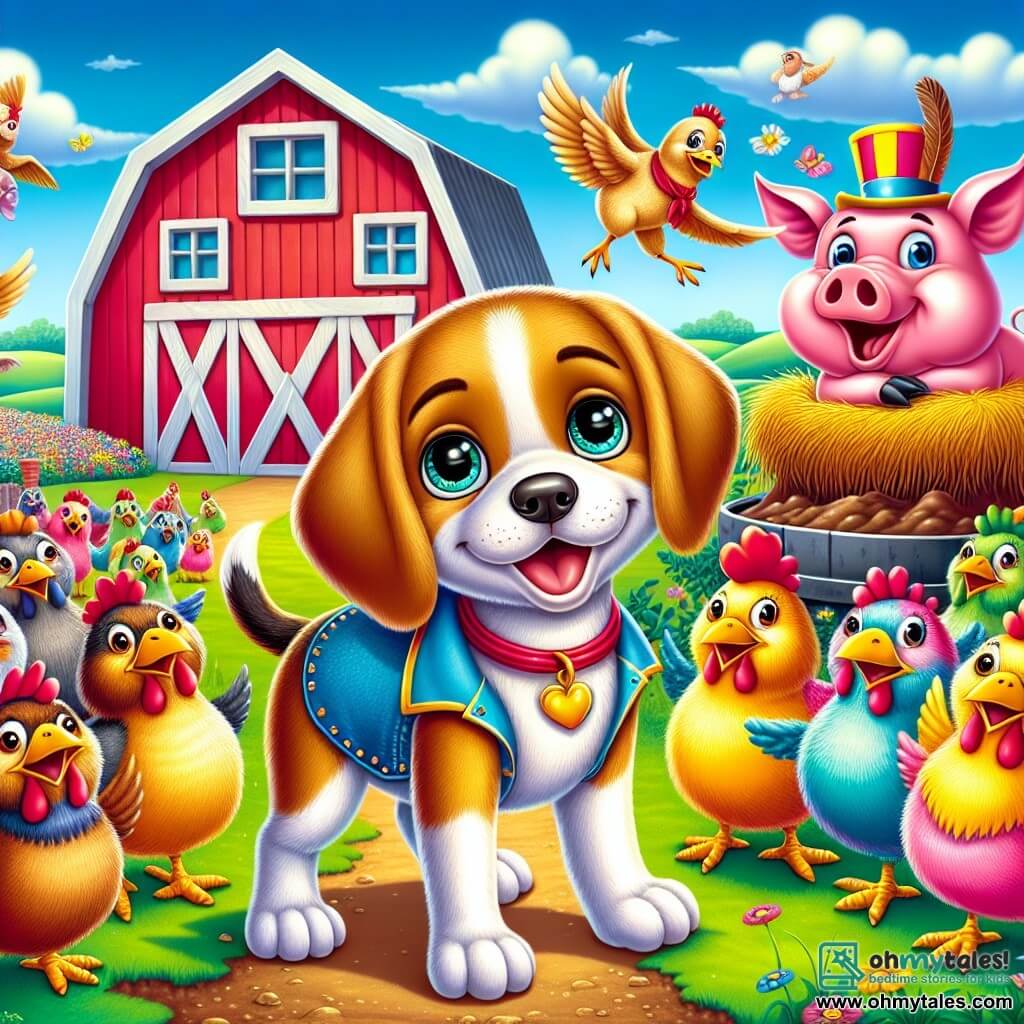 A small beagle named Benny, with shiny golden fur and sparkling mischievous eyes, stands at the center of a joyful scene, smiling and ready to showcase his talent at a show. Next to him, a group of colorful chickens with bright feathers and enthusiastic expressions prepare to perform their synchronized dance, while a large pink pig named Percy, lying in the mud, gets ready to do a hilarious imitation of a tractor. In the background, a bright red barn stands under a clear blue sky, surrounded by green fields and colorful flowers, creating a festive atmosphere. The scene shows Benny, beaming with joy, announcing the start of the show, while the other animals listen eagerly, ready to share their talents.