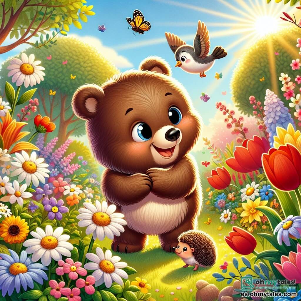 Un pequeño oso marrón llamado Bruno, con un pelaje suave y ojos brillantes de curiosidad, está en el centro de un jardín colorido, sonriendo con asombro. Está rodeado de flores vibrantes, como margaritas blancas, tulipanes rojos y narcisos amarillos, mientras extiende la pata para tocar una abeja que vuela cerca de él, mostrando una expresión de alegría y emoción. Cerca, un pequeño gorrión de plumas grises y blancas, posado en una rama, canta alegremente, con ojos brillantes de felicidad. Un erizo tímido, con un lomo cubierto de espinas y un rostro dulce, observa la escena con curiosidad y vacilación. El jardín está bañado por la luz dorada del sol primaveral, con majestuosos árboles de fondo, cuyas hojas verdes vibrantes se mueven con la suave brisa. Mariposas coloridas danzan en el aire, añadiendo un toque de magia a la atmósfera. La escena principal muestra a Bruno, maravillado por la belleza del jardín en primavera, interactuando alegremente con sus amigos animales, celebrando la nueva temporada y la amistad que los une.