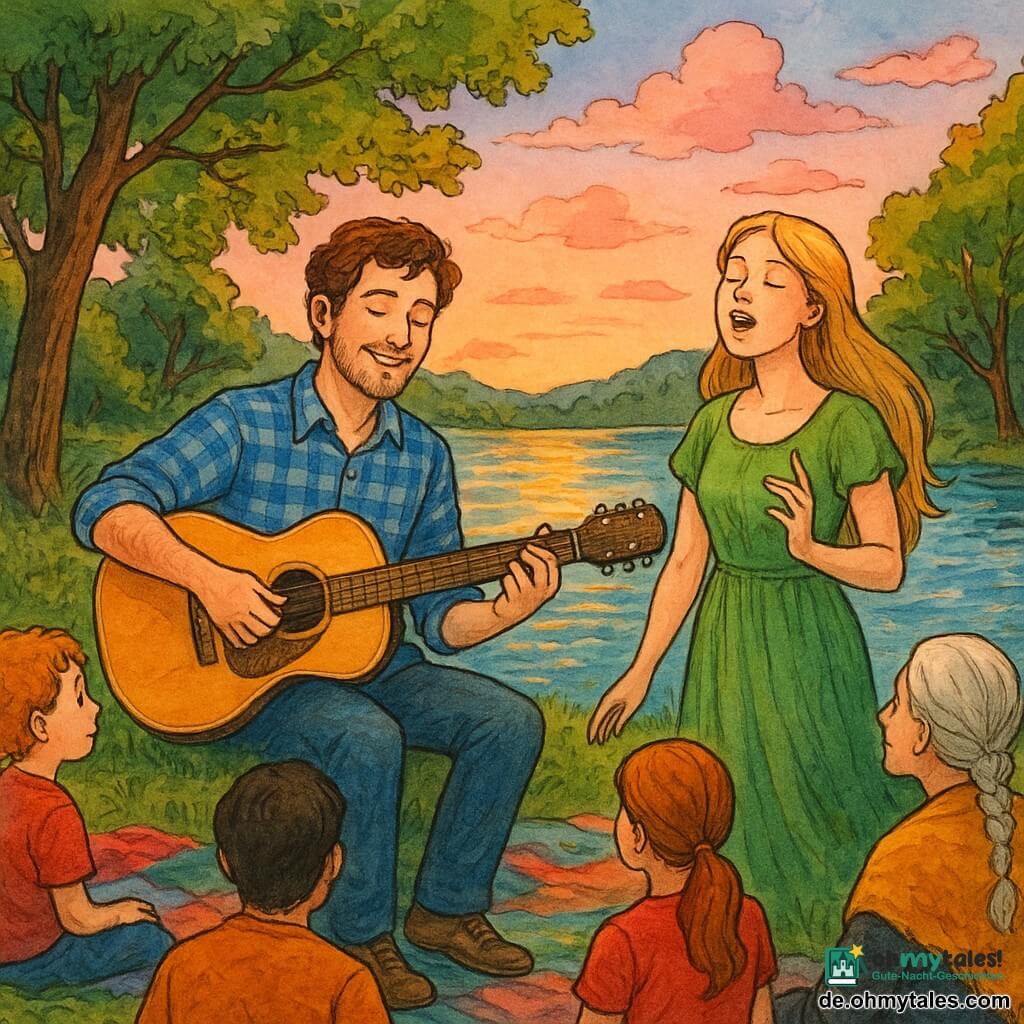 Ein Mann, Lukas, sitzt am Ufer eines glitzernden Sees und spielt mit einem gelassenen Lächeln auf dem Gesicht Gitarre. Er hat welliges braunes Haar und trägt ein blau kariertes Hemd. Neben ihm singt eine etwa 25-jährige Frau namens Mira leidenschaftlich. Sie hat langes blondes Haar und ein fließendes grünes Kleid. Der See ist von majestätischen Bäumen mit tanzenden Blättern umgeben, und der Himmel ist mit rosa Abendwolken gesprenkelt. Die Dorfbewohner, die auf bunten Decken sitzen, hören aufmerksam zu, einige mit staunenden Augen, andere summen leise mit. Die Atmosphäre ist warm und magisch und fängt einen Moment der Verbindung und geteilten Freude ein.