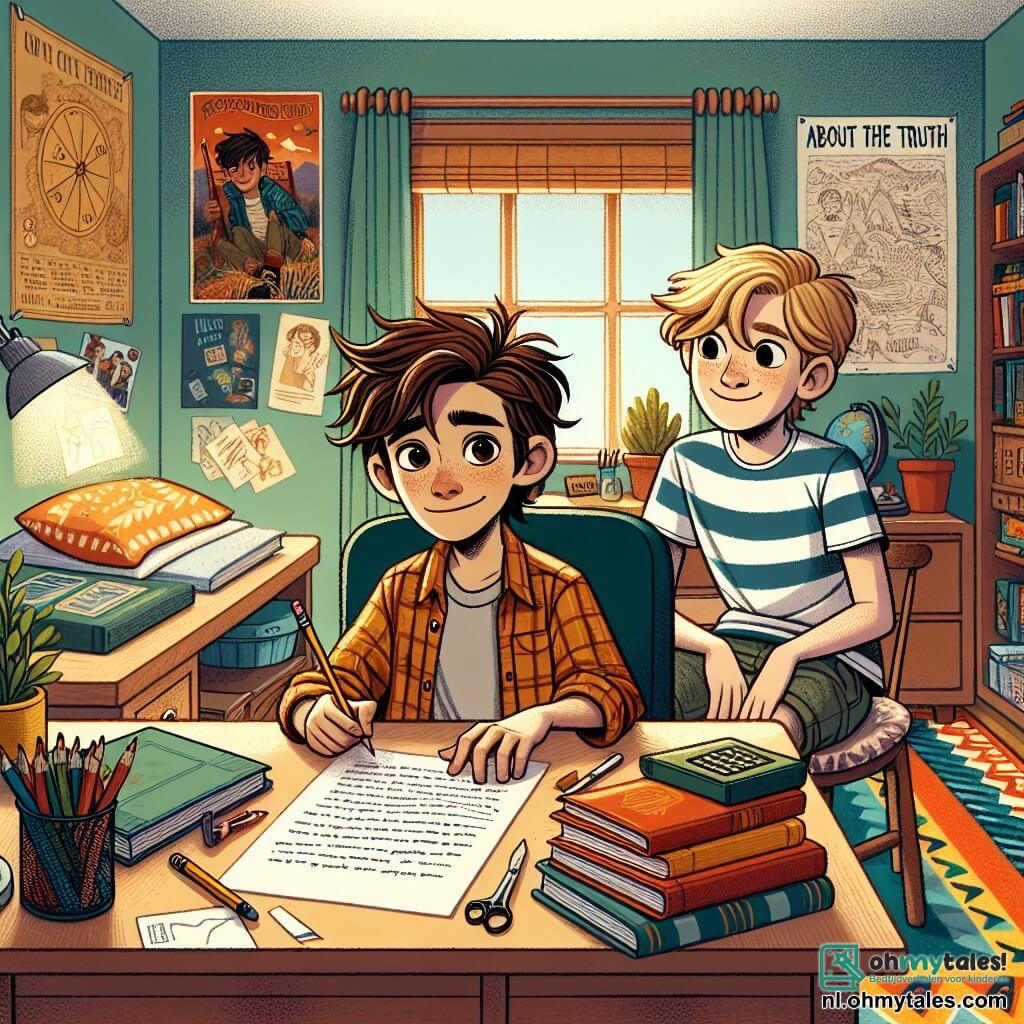 Een 11-jarig jongetje, Sam, met rommelig bruin haar, nieuwsgierige ogen en een verlegen glimlach, zit aan zijn bureau in een kleurrijke kamer, omringd door boeken en potloden. Hij kijkt naar een wit papier met een vastberaden uitdrukking, terwijl hij een potlood in zijn hand houdt, klaar om zijn verhaal over de waarheid te schrijven. Naast hem leunt zijn beste vriend Lucas, een 10-jarig jongetje met blond haar en een scheve bril, over het bureau met een bemoedigende blik en een vriendelijke glimlach. Lucas draagt een gestreept t-shirt en shorts, en houdt een geopend boek vast, klaar om zijn ideeën te delen. De kamer is versierd met avonturenposters en schatkaarten, met een groot kleurrijk tapijt op de vloer en een raam dat zonlicht binnenlaat, waardoor de ruimte een zachte warmte krijgt. Sam is geconcentreerd en een beetje nerveus terwijl hij zijn verhaal over de waarheid schrijft, terwijl Lucas hem aanmoedigt om eerlijk en creatief te zijn, wat een sfeer van kameraadschap en steun creëert.