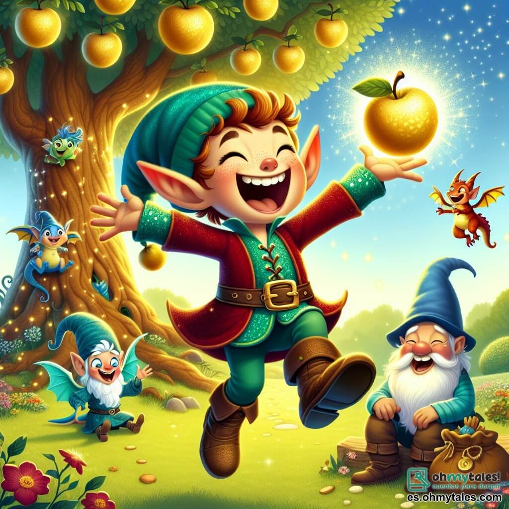 Un duende alegre llamado Tico, con grandes orejas puntiagudas y un sombrero verde brillante, salta de alegría, su rostro radiante de felicidad y emoción. Lleva una túnica de terciopelo rojo y botas de cuero, y sostiene una fruta dorada brillante en sus manos. A su lado, una pequeña dragona llamada Luna, con escamas brillantes de color turquesa, bate sus alas con entusiasmo, sus ojos chispeantes de curiosidad. Ella está posada en una rama baja de un árbol. Un gnomo llamado Rufus, con una barba blanca espesa y un sombrero azul, ríe a carcajadas, sosteniendo una pequeña bolsa llena de chistes, sentado en una piedra cerca de Tico. Al fondo, un majestuoso árbol mágico con ramas cargadas de frutas doradas se alza en el centro de un claro soleado, rodeado de flores coloridas y luciérnagas brillantes. La escena principal muestra a los amigos celebrando su descubrimiento de la fruta mágica, riendo juntos en un ambiente alegre y amistoso.
