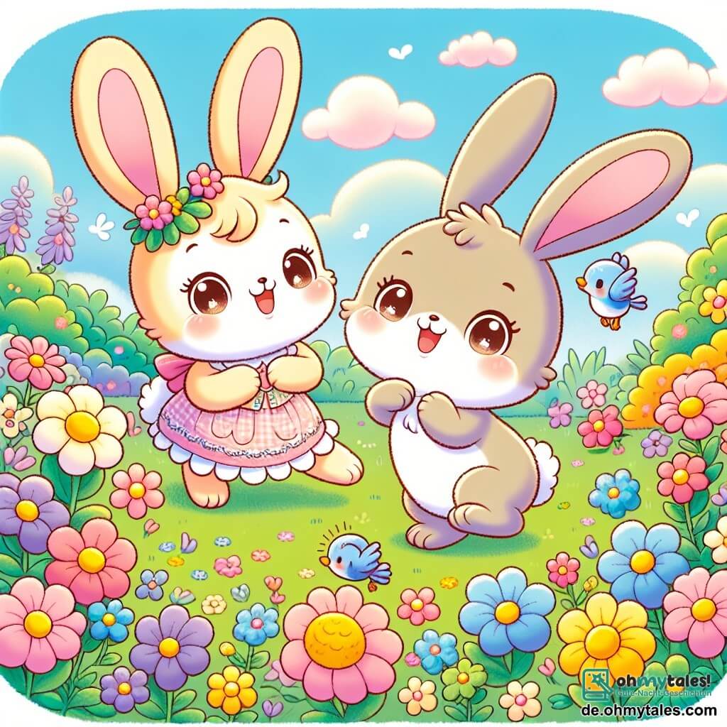 Ein kleiner Hase namens Felix, mit weichem, braunem Fell, großen Ohren und funkelnden Augen, tanzt fröhlich in einer bunten Wiese, umgeben von leuchtenden Blumen in allen Farben. Neben ihm steht seine Mama, eine hübsche Häsin mit cremefarbenem Fell, die ihn stolz anlächelt, die Pfoten auf ihren Hüften. Ein kleiner blauer Vogel, der auf einem Ast sitzt, singt fröhlich und trägt zur festlichen Stimmung bei. Der Ort ist eine grüne Wiese, übersät mit rosa, gelben und lila Blumen, unter einem hellblauen Himmel mit flauschigen weißen Wolken. Die Hauptsituation zeigt Felix und seine Mama, die den Frühling feiern, umgeben von der Schönheit der Natur, während sie eine kleine Feier mit Blumenketten und Lachen vorbereiten, erfüllt von Freude und Staunen.