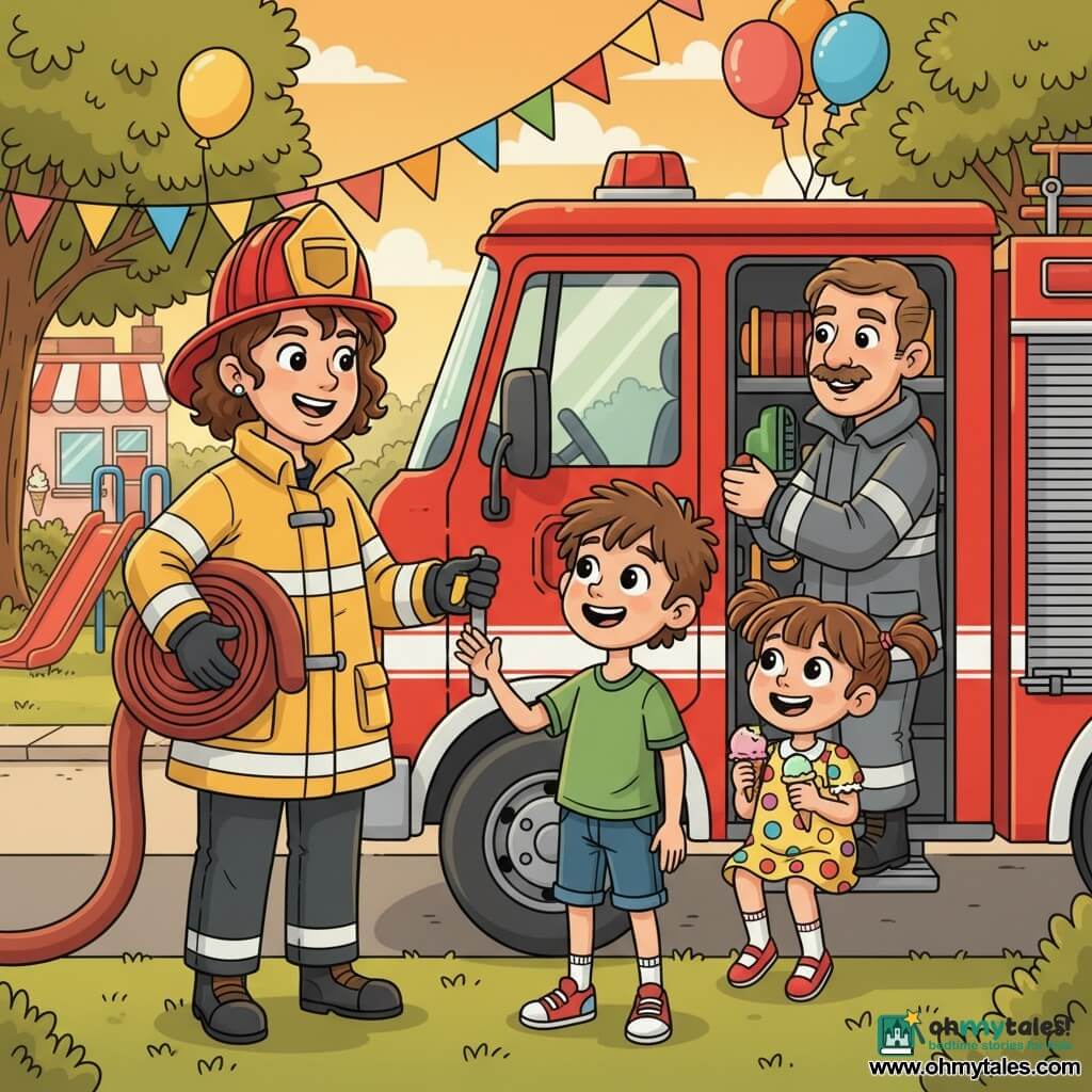 A smiling, proud female firefighter (Fiona) with short curly hair under a shiny red helmet and a yellow reflective jacket stands by the open door of a large red fire truck holding a coiled hose; an enthusiastic 10-year-old boy (Max) in a green T-shirt stands on the truck step with tousled hair, hand on the rail, admiring her; a joyful 6-year-old girl (Lily) with small braids in a polka-dot dress sits on the truck edge with a half-eaten ice cream cone, giggling at Fiona; a confident male firefighter (Joe) with a light mustache in a gray suit places equipment at the back of the truck, smiling at the children; the scene is a neighborhood park at dusk with green grass, large oaks, colorful banners and balloons, an ice cream stand and a playground slide, a convivial, safe, festive post-incident moment bathed in golden sunset light, in a bright, reassuring child-friendly style.