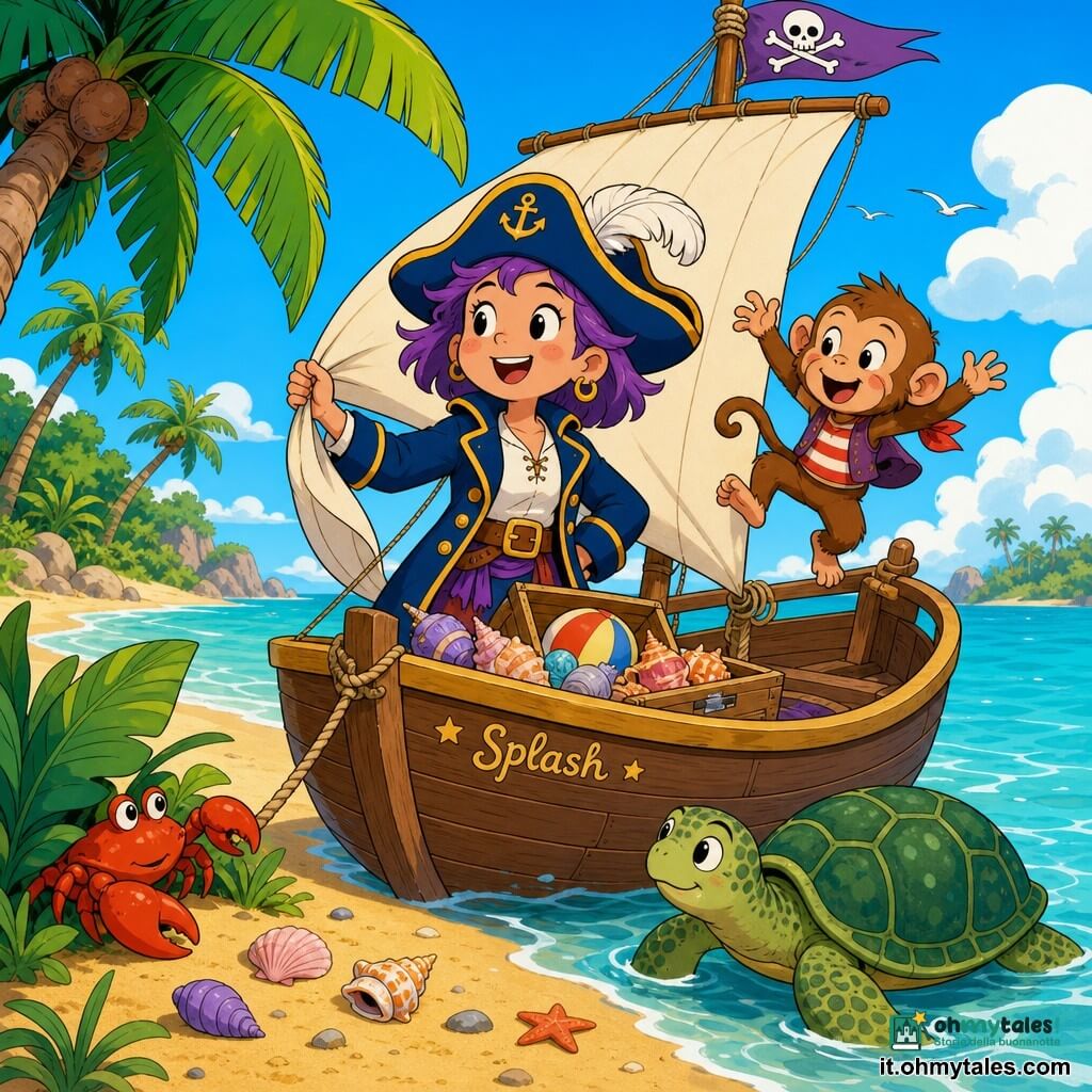 Una piratessa, la Capitana Lilla, allegra e sicura, volto rotondo, occhi vivaci, capelli corti violetti sotto un grande cappello con piuma, giacca blu con bottoni dorati, tiene la vela della sua piccola barca di legno e sorride all'orizzonte; il piccolo scimmietto Pipo, dall'aspetto infantile, marrone chiaro con guance rosa, saltella sul parapetto a destra; una tartaruga amichevole con guscio verde maculato avanza davanti alla barca; il granchio Grassetto, rosso vivo, si nasconde tra le foglie su una spiaggia di sabbia dorata a sinistra. Luogo: isola tropicale luminosa con palme piegate, sabbia gialla, acqua turchese, conchiglie colorate e cielo azzurro con nuvole soffici. Situazione: la barchetta "Splash" ormeggiata vicino alla riva, l'equipaggio ride e gioca intorno a una scatola aperta piena di conchiglie e una palla, atmosfera solare, gesti dinamici ed espressioni calde. Stile: colori vivaci, contorni netti, espressioni esagerate e forme morbide, composizione centrata sulla Capitana, adatta ai piccolissimi.