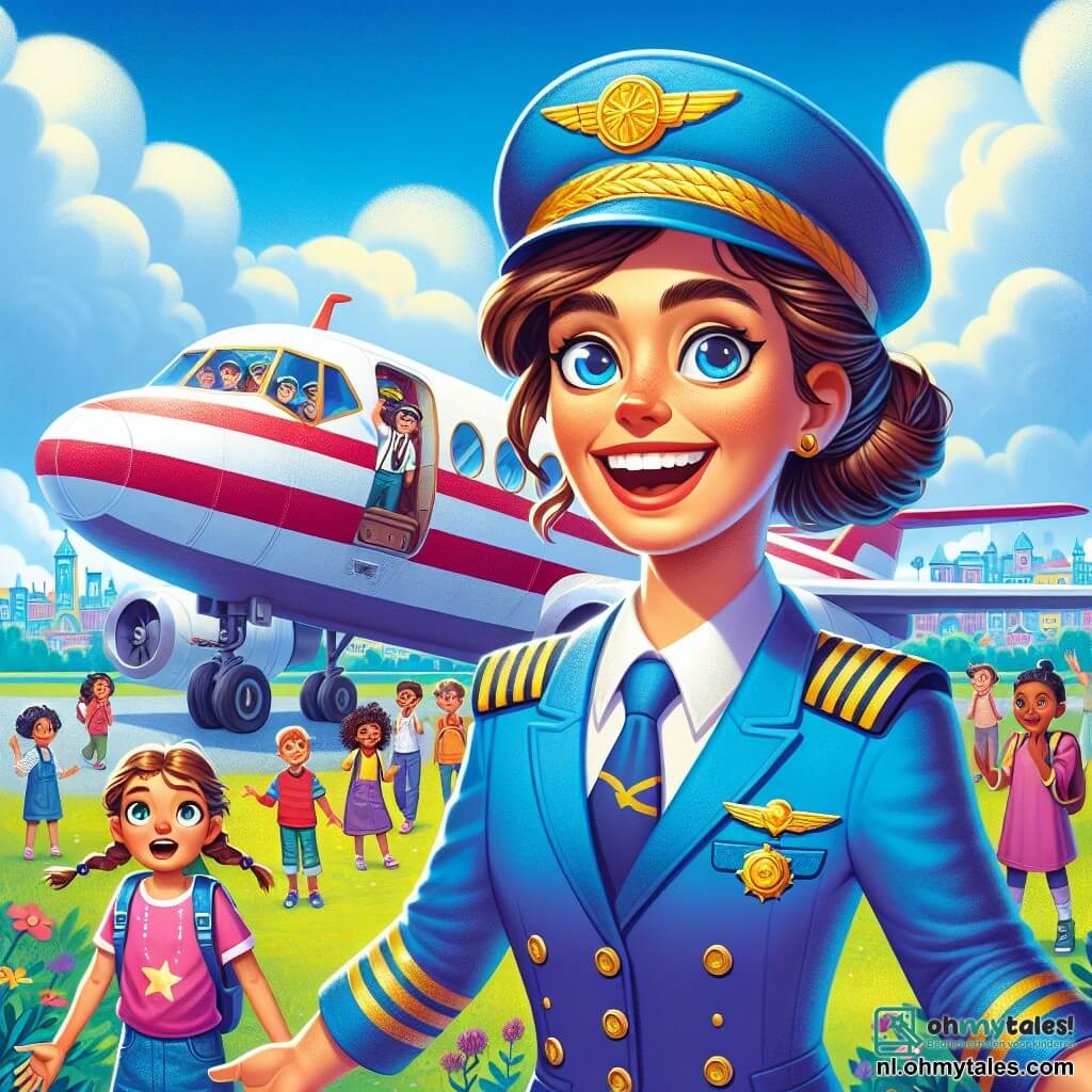 In het midden van de afbeelding staat Kapitein Noor, een glimlachende vrouw met bruin haar in een knot, gekleed in een mooie felblauwe pilotenoveral en een pet met een gouden insigne. Haar ogen stralen van opwinding en haar brede glimlach toont haar passie voor vliegen. Ze staat naast haar grote witte vliegtuig met rode strepen, met open armen, klaar om de kinderen te verwelkomen. Aan haar rechterkant staat Fien, een 8-jarig meisje met blonde vlechten, in een roze t-shirt en een spijkerbroekshort. Ze kijkt vol verwondering naar het vliegtuig met grote ogen, vol nieuwsgierigheid. Op de achtergrond is de lucht helderblauw met enkele pluizige witte wolken, terwijl de grond een uitgestrekt groen gebied is, met kinderen die rondom het vliegtuig staan, allemaal glimlachend en vol ongeduld. De scène toont het moment waarop Kapitein Noor de kinderen de wonderen van het vliegen uitlegt en hen uitnodigt om de cockpit van het vliegtuig te ontdekken, vol enthousiasme en dromen van avontuur in de lucht.