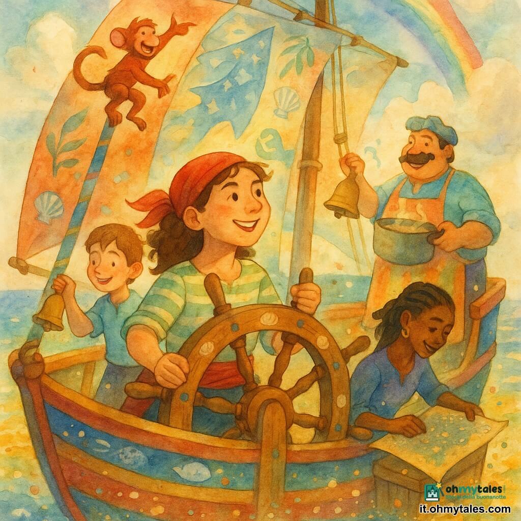 La protagonista è Lila, una donna pirata sorridente con fossetta, capelli castani ricci legati da un foulard rosso, che tiene il grande timone di legno decorato con conchiglie e guarda l’orizzonte; Paco, un piccolo pirata-scimmia dal pelo rossiccio, scala il pennone indicando la direzione; Nino, un mozzo ragazzo con capelli castani corti e tracce di sale sul viso, suona una campanella di legno sul ponte accanto a Lila; Chucho, il robusto cuoco baffuto con grembiule colorato, tiene una grande pentola fumante vicino alla poppa; Aya, la navigatrice dalla pelle scura e capelli intrecciati, consulta una vecchia carta stellare su una cassa alla prua. La scena si svolge su una nave di legno dipinta con vele vivaci leggermente gonfie, mare dorato e blu con riflessi scintillanti, nuvole soffici e un arcobaleno: l’equipaggio festeggia mentre la grande vela accarezza il vento, tutti sorridono e si muovono in un’atmosfera luminosa con schizzi brillanti e coriandoli di conchiglie.