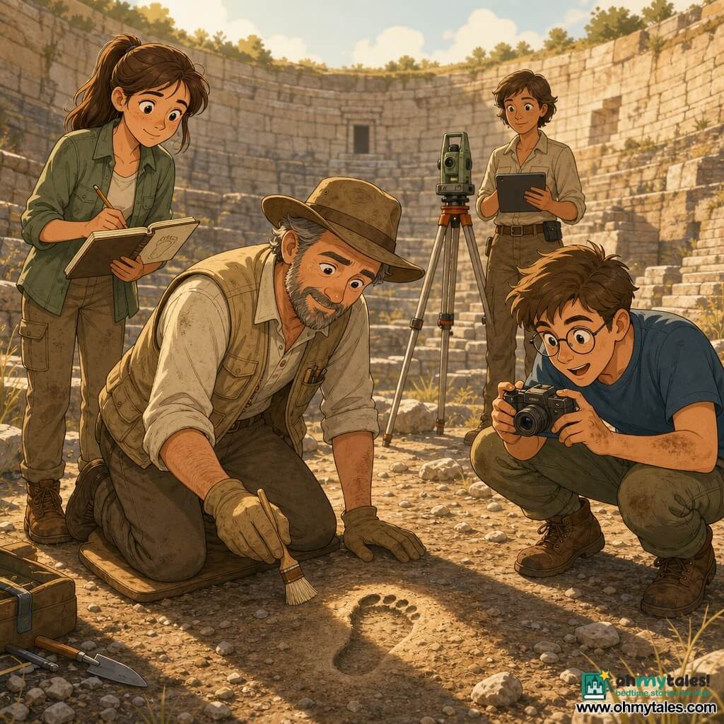 A calm, respectful scene in an ancient bowl-shaped stone quarry at golden morning light: a gentle, graying bearded archaeologist (about 45) kneels on a ground pad in a beige pocketed vest and worn hat, gently brushing a small human footprint; Lina (18), brown hair in a ponytail, stands slightly behind left, sketchbook open and drawing; Jay (20), short hair and round glasses, crouches right with soil-stained hands, ready to photograph; Tessa (35), short tousled hair and tanned skin, stands near a tripod-mounted total station, noting measurements on a tablet; composition centered on the footprint with visible hands and tools, textured ground (dust, grains, small roots), warm natural colors, crisp lines, atmosphere of focus and discovery.