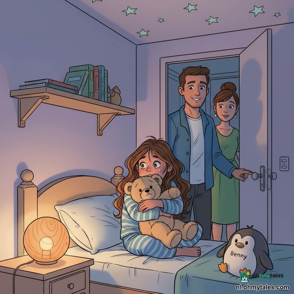 Een 8-jarig meisje, angstig maar opgelucht, krimpt op haar bed en knijpt haar grote beige knuffel tegen zich aan; halflang golvend bruin haar, blauw-wit gestreept pyjama, grote heldere groene ogen en licht rood aangelopen gezicht terwijl ze kalm ademhaalt. Een vader (35–40) staat bij de slaapkamerdeur met een geruststellende glimlach en hand aan de klink, losvallend jasje, deels verlicht door kamerverlichting. Een moeder (33–38) staat op de gang op de achtergrond met een knot en eenvoudige jurk, aandachtig en klaar om de deur te sluiten. De kleine gezellige kamer heeft pastel lavendelkleurige wanden, fosforescerende sterrenstickers aan het plafond, een lichte houten plank met wat boeken en een ronde nachtlamp die warm amberlicht verspreidt; knuffel Benny ligt aan het voeteneinde. De hoofdsituatie toont het meisje dat de nachtlamp aandoet, waardoor de schaduwen zacht worden en eerder donkere hoeken onschuldige voorwerpen onthullen; sfeer van nacht→troost, heldere lijnen, warme kleuren tegen zacht blauwgrijze schaduwen. Grafische stijl: strakke lijnen, egale verzadigde kleuren, duidelijke uitvergrote gezichtsuitdrukkingen, compositie gecentreerd op het meisje en de lamp, geruststellend en licht magisch.