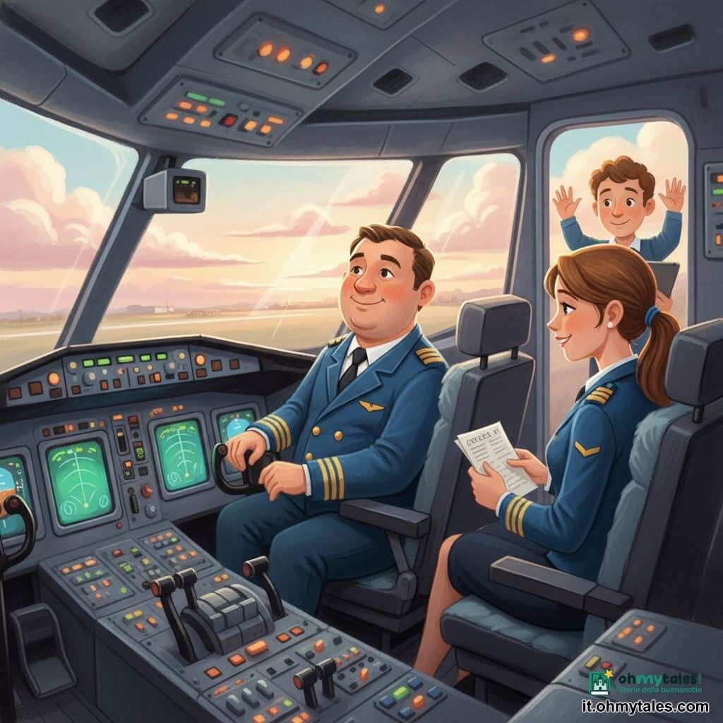 Un pilota di circa 35 anni, viso rotondo e sorridente, in uniforme blu scuro con mostrine dorate, mani sullo stick, seduto nel cockpit davanti ai grandi oblò; la copilota di circa 30 anni, capelli castani raccolti e sorriso sereno, a destra con una check-list; un assistente di cabina giovane sullo sfondo vicino alla porta con una tablet; un bimbo di 5 anni con capelli ricci, stupito, appoggiato con le mani al vetro della porta verso la cabina passeggeri; cockpit luminoso con cruscotto dettagliato, pulsanti colorati, schermi verdi e blu e leve cromate, raggi di luce attraverso i finestrini; fuori nuvole soffici rosa e bianche, pista in lontananza e cielo al tramonto; scena calma e rassicurante, atmosfera calda, colori pastello e texture di pastello morbido.