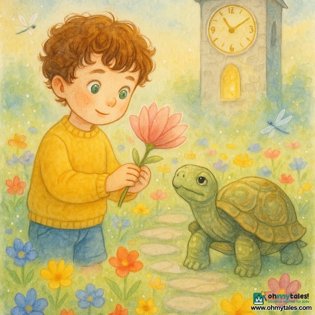 A 6-year-old boy, amazed and smiling, curly chestnut hair and bright green eyes, wearing a mustard-yellow sweater and denim shorts, gently holds a large pink flower with finger-like petals; an elderly turtle named Franklin, with a wrinkled green-and-brown shell and wise slow eyes, stands to the boy’s right on the edge of a stone path looking at the flower; in the background a tall light-stone Clock Tower with a visible golden clock face and an open window letting warm light through; the garden is a compact meadow of vivid watercolor-like flowers (blue, red, yellow, purple), paved paths, soft grass and a few translucent dragonflies; the scene shows the boy hesitant but joyful choosing a flower among others labeled Play, Learn, Rest, Help, with the turtle silently encouraging in a contemplative, luminous atmosphere.