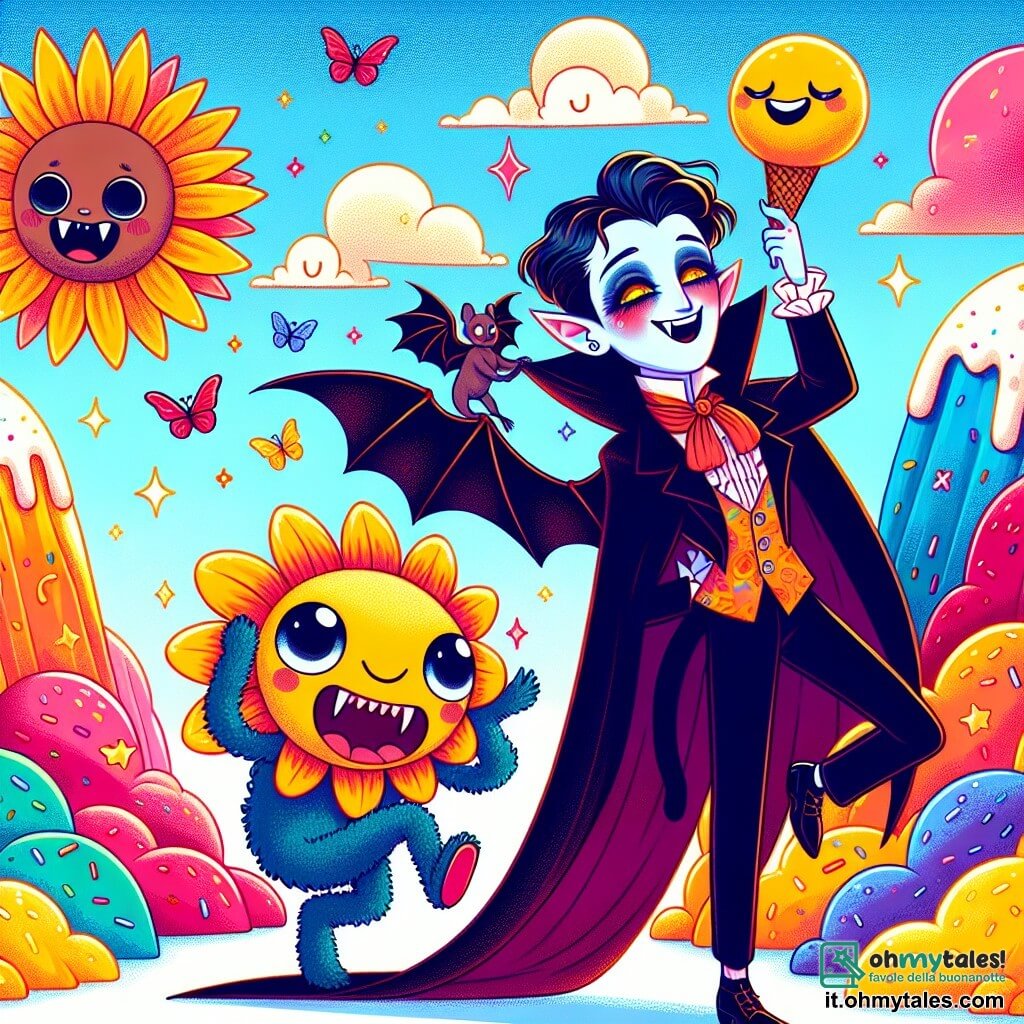 Un vampiro di nome Vladimiro, un ragazzo elegante con un mantello nero fluttuante e occhi brillanti, ride gioiosamente mentre fa solletico a un piccolo pipistrello che si aggrappa alla sua spalla, con le ali spiegate. Accanto a lui, Pomponio, una creatura divertente con una testa di girasole e un corpo di peluche, salta di gioia, il suo sorriso splendente illumina il suo viso floreale. La scena si svolge sulla Collina dei Gelati Arcobaleno, un luogo magico dove montagne di gelato colorato si ergono sotto un cielo blu vivace, punteggiato di nuvole a forma di caramelle. In questa situazione principale, Vladimiro e Pomponio si divertono insieme, condividendo risate mentre cercano il leggendario Sorbetto della Risata, circondati da dolciumi e colori vivaci.