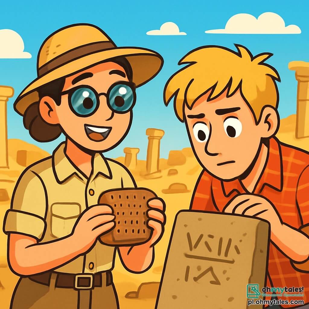 Archeolog, kobieta w wieku około trzydziestu lat, z brązowymi włosami związanymi w kok, nosi słomkowy kapelusz i okulary przeciwsłoneczne. Ma zachwycony uśmiech na twarzy, a jej oczy błyszczą ciekawością, podczas gdy trzyma małą tabliczkę z gliny pokrytą starożytnymi symbolami. Obok niej młody mężczyzna w wieku około 25 lat, Marek, z rozczochranymi blond włosami i w koszuli w kratę, uważnie obserwuje inskrypcję na kamieniu, wyglądając na skoncentrowanego. W tle rozległe ruiny starożytne, z przewróconymi kamiennymi kolumnami i złotymi wydmami pod błękitnym niebem. Scena ukazuje ekscytację odkryciem archeologicznym, gdy archeolog i jej kolega badają tajemnice starożytnej cywilizacji sumeryjskiej.