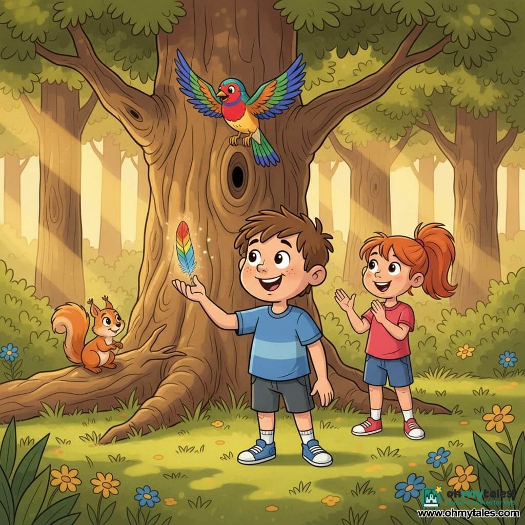 A joyful, amazed 10‑year‑old boy with a round freckled face and messy brown hair holds a floating rainbow feather in his left hand, smiling; behind him to his right stands Maya, about 10, enthusiastic with copper ponytail, hands ready to applaud; a small red squirrel with a lifted bushy tail perches on a low oak branch, and a Rainbow Finch with iridescent red, blue, green, and gold plumage sits higher on the trunk with wings slightly open; the scene is a wooded clearing bathed in golden light, green grass dotted with yellow and blue wildflowers, textured tree trunks and sunbeams, capturing the magical moment in a warm, high‑contrast palette with clean lines and exaggerated expressions in a 1990s cartoon style.