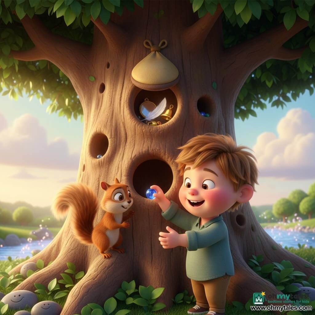 A 4-year-old boy with a round face, messy light-brown hair and rosy cheeks, amazed and joyful, gently places a small shiny blue marble into a hollow in a tree trunk; Sammy the little striped red squirrel with bright hazelnut eyes sits on a nearby branch, watching curiously and flicking his bushy tail. The immense tree has gnarled, soft bark, thick branches with green leaves and small hollows; the scene shows the treetop against a pastel sky with soft clouds, glinting leaves and golden late-afternoon rays, with pebbles and a bubbling stream in the background. The moment is magical and tender: the cavity opens to reveal a white feather, a tiny golden bell and a small shining mirror. Warm atmosphere, saturated colors, soft textures and lighting; playful 3D style with rounded volumes, plush materials, soft reflections on the marble and a centered composition.