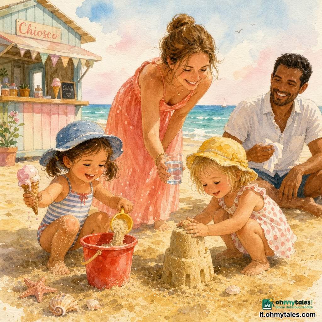 Quattro personaggi: Lia, bambina di 3 anni con capelli biondi corti e piccolo cappello giallo, accovacciata a destra mentre compatta delicatamente la sabbia per costruire una torre; Sara, bambina di 3 anni con capelli castani a codini e cappello blu, a sinistra che versa sabbia in un secchiello rosso; la mamma (~35 anni) con capelli raccolti in chignon e abito estivo corallo, dietro le bambine inclinata e sorridente mentre porge un bicchiere d'acqua; il papà (~36 anni) con capelli corti e camicia chiara, seduto leggermente dietro a destra che tiene un fazzoletto e ride piano. Spiaggia di sabbia fine e dorata, mare turchese calmo sullo sfondo, cielo limpido con leggero rosa all'orizzonte, chiosco di legno pastello a sinistra e conchiglie vicino ai piedi dei bambini. Le bambine costruiscono insieme una torre di sabbia: Lia la compatta e la torre regge finalmente, con impronte di dita visibili; accanto secchiello rosso, paletta blu e una pallina di gelato che inizia a sciogliersi in una mano; atmosfera calda, gesti teneri e tinte pastello con tocchi acquerellati.