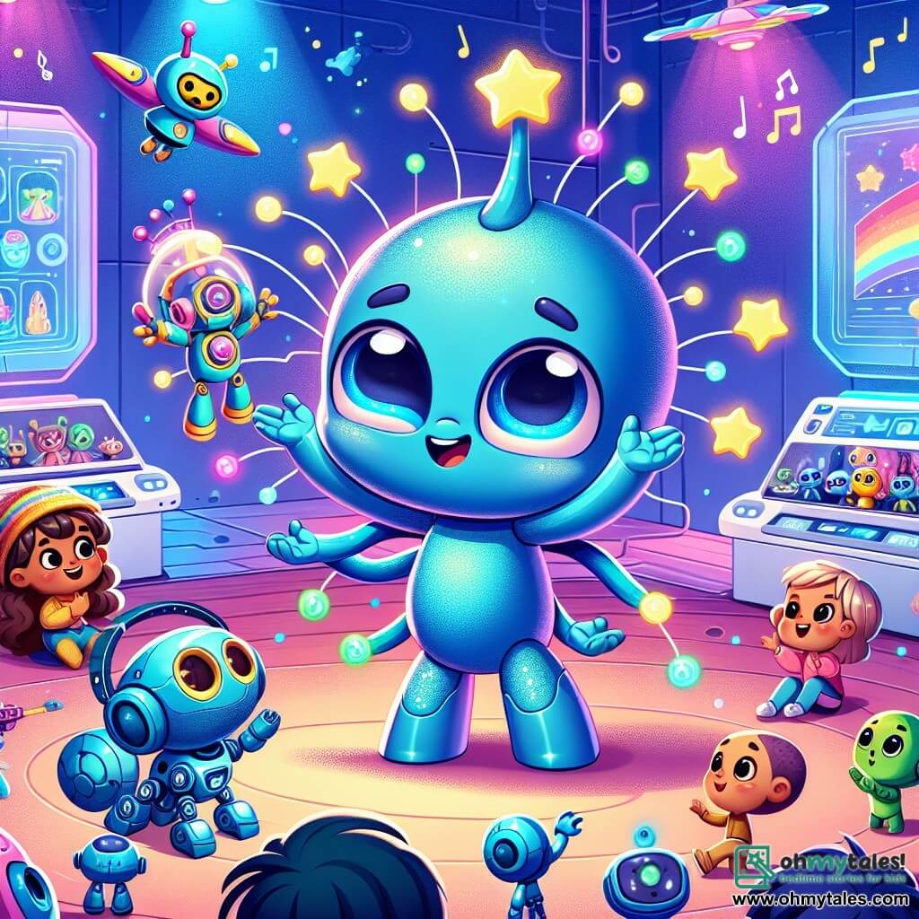 An illustration depicts a small alien with bright eyes and blue skin, having four arms, expressing great joy. It is dancing enthusiastically, surrounded by colorful little robots celebrating with it. Nearby, a girl with starry shimmering hair, wearing a futuristic suit, smiles in wonder while watching the small alien. She holds a musical instrument that emits joyful notes. A boy with robotic legs, showing a curious expression, attentively observes the technological creations around him, leaning over a machine that produces 3D toys. The main setting is the Learning Hub, a futuristic building with changing color walls, filled with shiny machines, floating drones, and interactive panels. Children of all kinds, with unique features, move joyfully within. The main scene shows the small alien and its friends exploring the wonders of technology together, creating fantastic objects and playing music in a festive and colorful atmosphere. Additional graphic elements include luminescent flowers, holographic screens displaying images of space, and floating toys that add a touch of magic to this vibrant and joyful scene.
