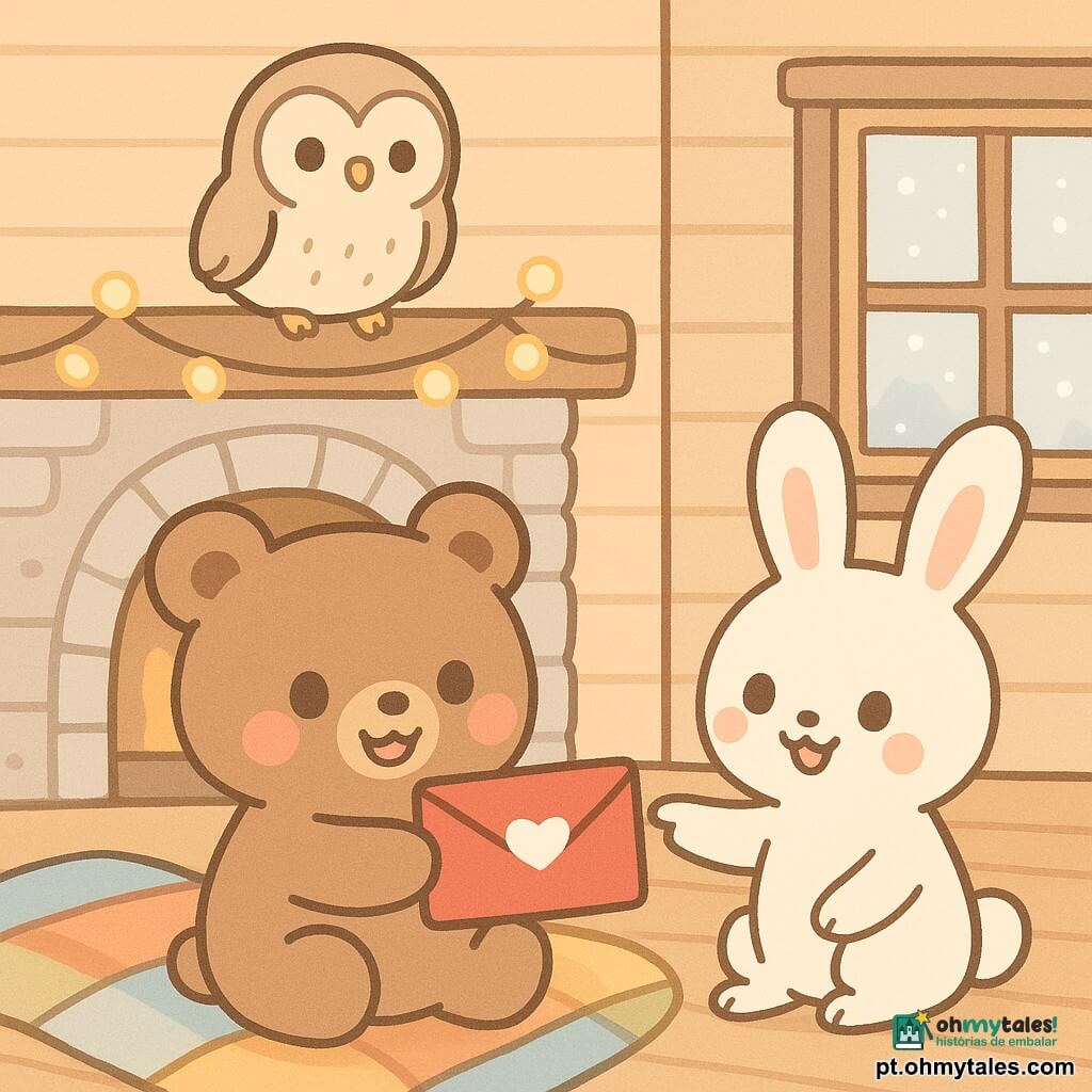 Um ursinho marrom de pelúcia (personagem principal) de olhos grandes e bochechas rosadas, sorrindo e maravilhado, segura uma pequena carta vermelha com um coração perto da lareira; ao lado, um coelho branco de orelhas longas sorri e aponta a carta, e uma coruja bege com olhar sábio observa do caibro; interior de uma pequena casa de madeira com parede de tábuas, grande lareira, mantas coloridas e luzes quentes, neve visível na janela embaçada; cena: descoberta de uma carta de Natal escondida nas mantas junto à lareira, cores pastéis suaves, formas arredondadas, atmosfera tranquila e alegre.