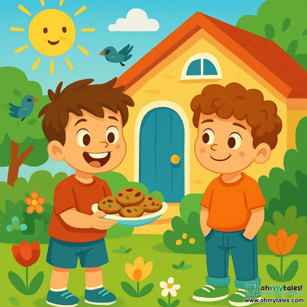 An 8-year-old boy, Lucas, with messy brown hair and sparkling joyful eyes, is wearing a red t-shirt and blue shorts. He is smiling widely, holding a plate of cookies, ready to make a new friend. Next to him, Max, an 8-year-old boy with curly hair and bright green sneakers, looks at Lucas with a shy smile, his hands in his jean pockets. They are standing in front of a house with a blue door, surrounded by colorful flowers and a green garden. The sun is shining in a clear blue sky, and birds are singing in the trees. The scene depicts Lucas and Max, ready to share cookies and become friends, symbolizing the joy and excitement of a budding friendship.