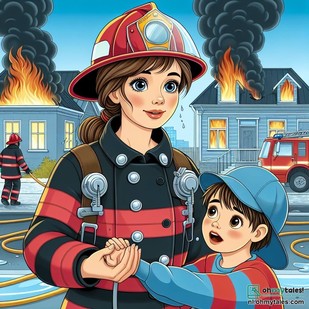 Op de voorgrond staat een brandweervrouw genaamd Anna, met bruin haar in een knot, in een glanzend rood uniform en een iets te grote helm. Ze heeft een vastberaden en vriendelijke uitdrukking en houdt zachtjes de hand van een kind vast. Naast haar kijkt een 8-jarig jongetje met een blauwe pet en wijde ogen bewonderend naar Anna, met een grote glimlach op zijn gezicht. Hij komt net uit een brandend huis, een beetje bang maar opgelucht te zijn gered. Op de achtergrond staat een huis in vlammen met zwarte rook, terwijl brandweermannen druk bezig zijn met het blussen van het vuur. De blauwe lucht contrasteert met de felle kleuren van Anna's uniform en de rode en oranje vlammen. De hoofdscène toont Anna die het jongetje redt uit een brandend huis, wat moed en solidariteit illustreert, met een dramatische en hoopvolle sfeer.
