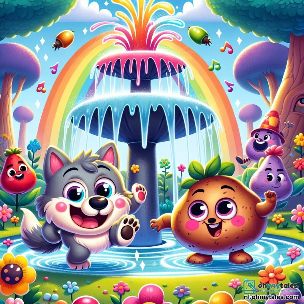 Een kleine grijze wolf genaamd Wobbel, met grote glanzende ogen en een verwonderde glimlach, danst vrolijk rond een magische fontein die water in felle kleuren spuit, als een regenboog. Naast hem lacht een ondeugende eekhoorn genaamd Snuitje, met een stralende rode vacht en een kleine pluizige staart, terwijl ze huppelt met een hazelnoot in haar pootjes. Iets verderop wiegt een enorme glimlachende aardappel, Arie, met roze wangen en een zonnebril, op zijn kleine wortels, terwijl hij een paar paarse broeken draagt die in de lucht wapperen. De omgeving is betoverend: zingende bloemen in felle kleuren omringen de fontein, terwijl bomen met multicolore stammen op de achtergrond staan, en een heldere blauwe lucht is bezaaid met snoepvormige wolken. De hoofdscène toont Wobbel, Snuitje en Arie die samen rond de fontein dansen, besprenkeld met gekleurde druppels water, wat een vrolijke en speelse sfeer creëert, vol magie en absurditeit.