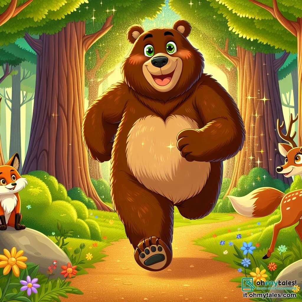 Un giovane orso marrone, grande e peloso, si trova al centro della scena, con un grande sorriso sul volto, gli occhi brillanti di gioia e fiducia. Sta correndo lungo un sentiero nel bosco, le sue robuste zampe colpiscono il suolo con entusiasmo, mentre una leggera brezza fa danzare il suo pelo. Alla sua destra, una volpe rossa, agile e maliziosa, osserva con ammirazione, i suoi occhi scintillanti di orgoglio. A sinistra, un maestoso cervo con grandi corna si erge, mostrando un sorriso benevolo e occhi pieni di incoraggiamento, alzando una zampa come per applaudire la performance dell'orso. Il contesto è una foresta incantata, con alberi dai tronchi spessi e foglie di un verde brillante, che filtrano la luce del sole creando riflessi dorati sul terreno. Fiori colorati punteggiano il sentiero, aggiungendo un tocco di magia all'ambiente. La scena rappresenta il momento in cui l'orso, pieno di determinazione, partecipa a una corsa nel bosco, superando i suoi dubbi e celebrando la sua fiducia in sé, circondato dai suoi amici che lo incoraggiano con entusiasmo.