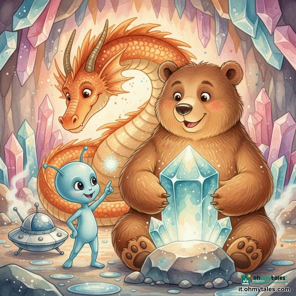 Bruno, un grande orso bruno peluche dagli occhi dolci, sorride tenendo delicatamente un grande cristallo blu-verde sfaccettato appoggiato su una pietra; Zog, un piccolo alieno azzurro dalla pelle liscia e occhi neri, è eccitato e indica il cristallo con un'antenna luminosa vicino a una navetta spaziale in miniatura; un drago di fuoco, grande ma calmo, dalle scaglie rosso-arancio con riflessi dorati, è accovacciato a semicerchio dietro il cristallo come guardiano; la grotta è ampia con pareti di cristalli multicolori che riflettono luci rosa, violette e turchesi, pavimento umido con piccole pozze scintillanti e vapori leggeri; scena illuminata dalla luce del cristallo, momento di amicizia e atmosfera magica, colori tenui e contrasti luminosi, stile acquerello dettagliato con texture di carta e spruzzi controllati.