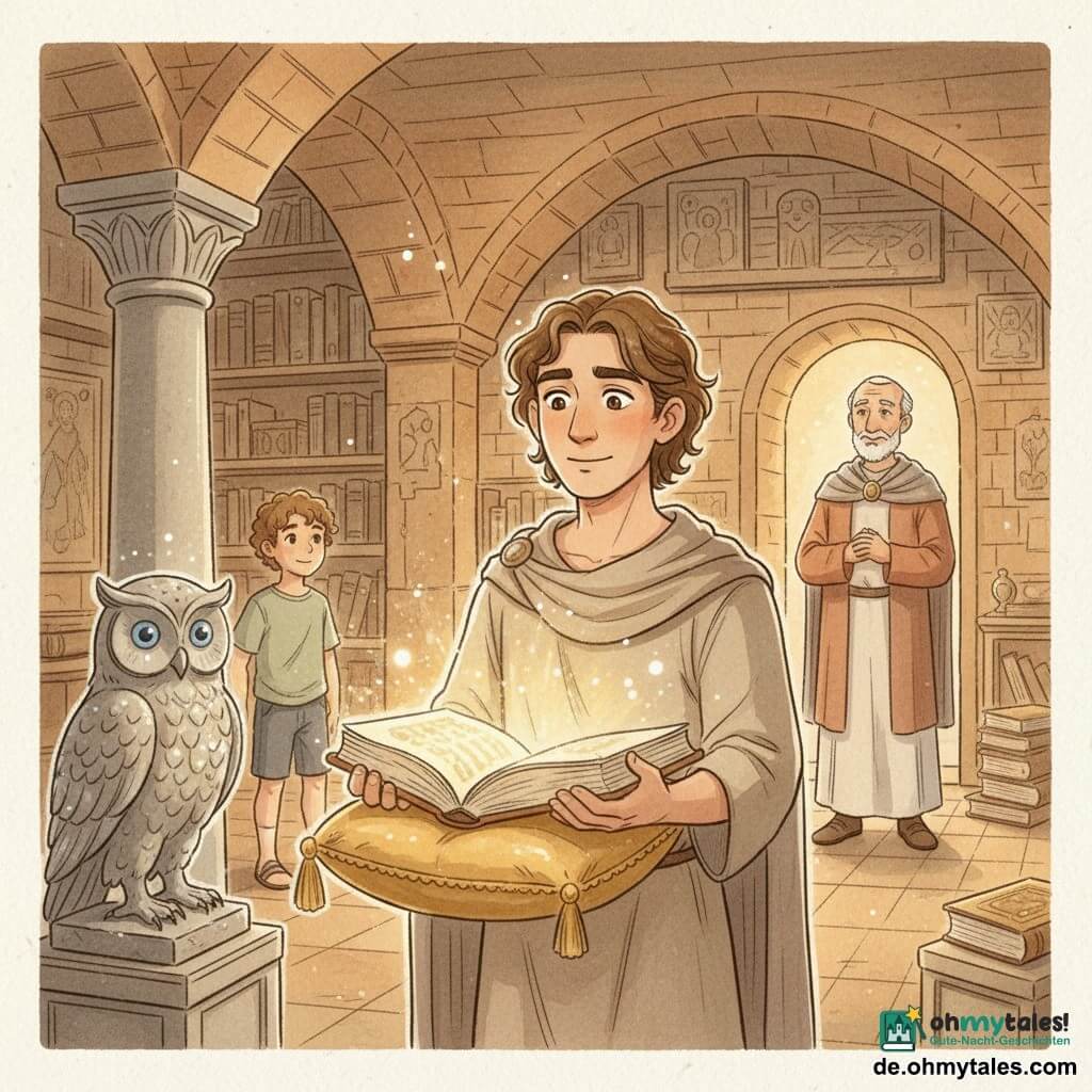 Im Zentrum steht Leandros mit ruhigem, erstaunten Gesicht, leicht lockigem braunem Haar und einfachem beigen Mantel, er hebt behutsam ein großes altes Buch auf einem goldenen Kissen; links hinter einer Säule beobachtet ein etwa neunjähriger Junge mit lockigem Haar neugierig aus dem Schatten; am Eingang wartet der alte Antonios (ca. 70) mit kurzem weißem Bart in schlichter, wohlhabender Robe, die Hände verschränkt und freundlich lächelnd; nahe dem Buch auf einem Sockel sitzt eine Steineule mit blauen Glaseinsätzen, die leicht lebendig wirkt; der Ort ist eine kleine unterirdische Kammer unter der Hagia Sophia mit niedrigen steinernen Gewölben, staubigen Büchern und verblassten Mosaiken; ein goldenes, magisches Licht aus dem Buch der Harmonie erleuchtet die Gesichter und wirft sanfte Schatten, Stimmung: Entdeckung, Ruhe und Respekt.