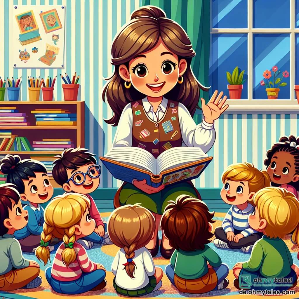 Frau Müller, eine Frau in den Fünfzigern, steht in der Mitte der Bühne mit einem warmen Lächeln und funkelnden Augen. Sie trägt eine bunte Bluse mit Mustern von Büchern und Stiften, und ihre braunen Haare sind zu einem unordentlichen Dutt gebunden. Sie sitzt auf einem Stuhl, umgeben von Kindern, und hält ein großes, aufgeschlagenes Bilderbuch vor sich. Max, ein 8-jähriger Junge mit Brille und zerzausten braunen Haaren, sitzt auf dem Boden mit leuchtenden Augen und hebt die Hand, um eine Frage zu stellen. Neben ihm schaut Lisa, ein 7-jähriges Mädchen mit geflochtenen blonden Haaren, aufmerksam und lächelt, bereit, der Geschichte zuzuhören. Emma, ein 6-jähriges Mädchen mit Zöpfen und einem Blumenkleid, sitzt im Schneidersitz mit den Händen auf den Knien, ungeduldig, die nächste Abenteuer zu hören. Die Szene spielt in einem hellen Klassenzimmer mit Wänden, die mit Kinderzeichnungen dekoriert sind, und Regalen voller bunter Bücher. Fenster lassen Sonnenlicht herein, das die Gesichter der Kinder beleuchtet und eine warme, einladende Atmosphäre schafft. Frau Müller erzählt eine fesselnde Geschichte, umgeben von ihren aufmerksamen Schülern, die alle gespannt darauf warten, die Abenteuer des kleinen mutigen Frosches zu entdecken. Die Stimmung ist fröhlich und voller Begeisterung, was die Liebe zum Lernen und die Magie der geteilten Geschichten zeigt.