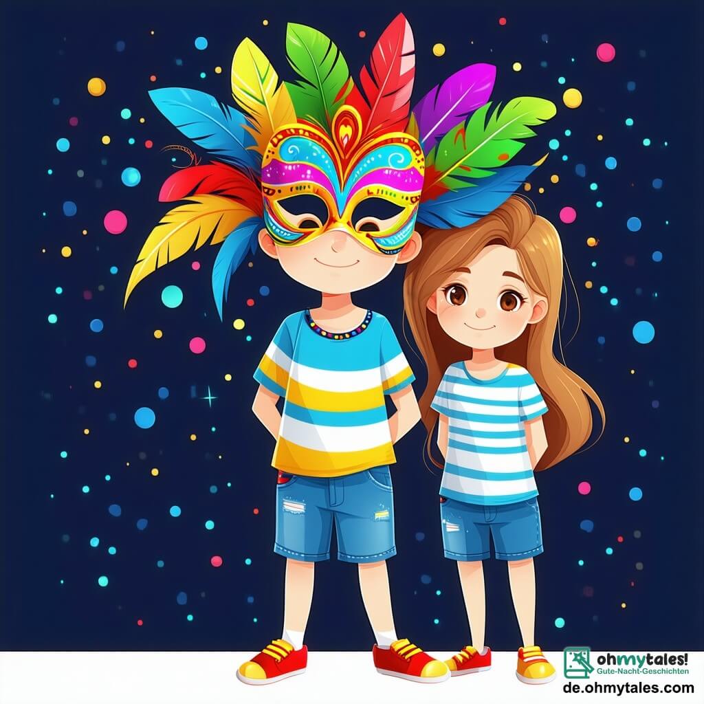 Ein 10-jähriger Junge, Benji, steht im Mittelpunkt des Bildes, trägt eine wunderschöne, farbenfrohe Maske in Form eines Karnevals-Gesichts, mit bunten Federn, die um seinen Kopf aufsteigen. Sein Gesichtsausdruck zeigt Freude und Staunen, seine Augen strahlen vor Glück, und er trägt ein gestreiftes T-Shirt und eine Jeansshorts. An seiner rechten Seite tanzt Kira, seine beste Freundin, 9 Jahre alt, mit einem breiten Lächeln, während ihre braunen Haare im Wind wehen. Sie trägt ein glitzerndes Karnevalskostüm, das mit goldenen Pailletten und lebhaften Farben geschmückt ist. Im Hintergrund ist eine belebte Straße der kleinen Insel Alegría mit Lichtergirlanden und bunten Laternen dekoriert, und Menschen jeden Alters tanzen und lachen, was eine festliche und fröhliche Atmosphäre schafft. Die Hauptszene zeigt Benji und Kira mitten in einem lebhaften Karneval, umgeben von Musik und Lachen, während sie tanzen und Spaß haben und die Magie dieser unvergesslichen Nacht feiern.