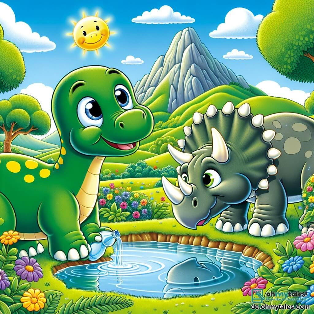 Dippy, ein fröhlicher Diplodocus mit einem langen grünen Hals und gelben Flecken, steht am Rand eines kleinen glitzernden Teiches, seine großen Augen leuchten vor Neugier und Freude. Er beugt sich, um Wasser zu trinken, seine massiven Beine in das grüne, üppige Gras verankert. Neben ihm steht Trixie, ein freundlicher Triceratops mit drei großen Hörnern und einer grauen Haut, lächelnd, während sie Blätter von einem benachbarten Baum knabbert. Die Landschaft ist mit bunten Blumen, großen Bäumen mit glänzenden Blättern und einem majestätischen Berg im Hintergrund gefüllt, unter einem klaren blauen Himmel mit flauschigen weißen Wolken. Die Szene strahlt eine Atmosphäre von Freude und Freundschaft aus und zeigt den Moment, in dem Dippy und Trixie gemeinsam ihre neue Umgebung entdecken.