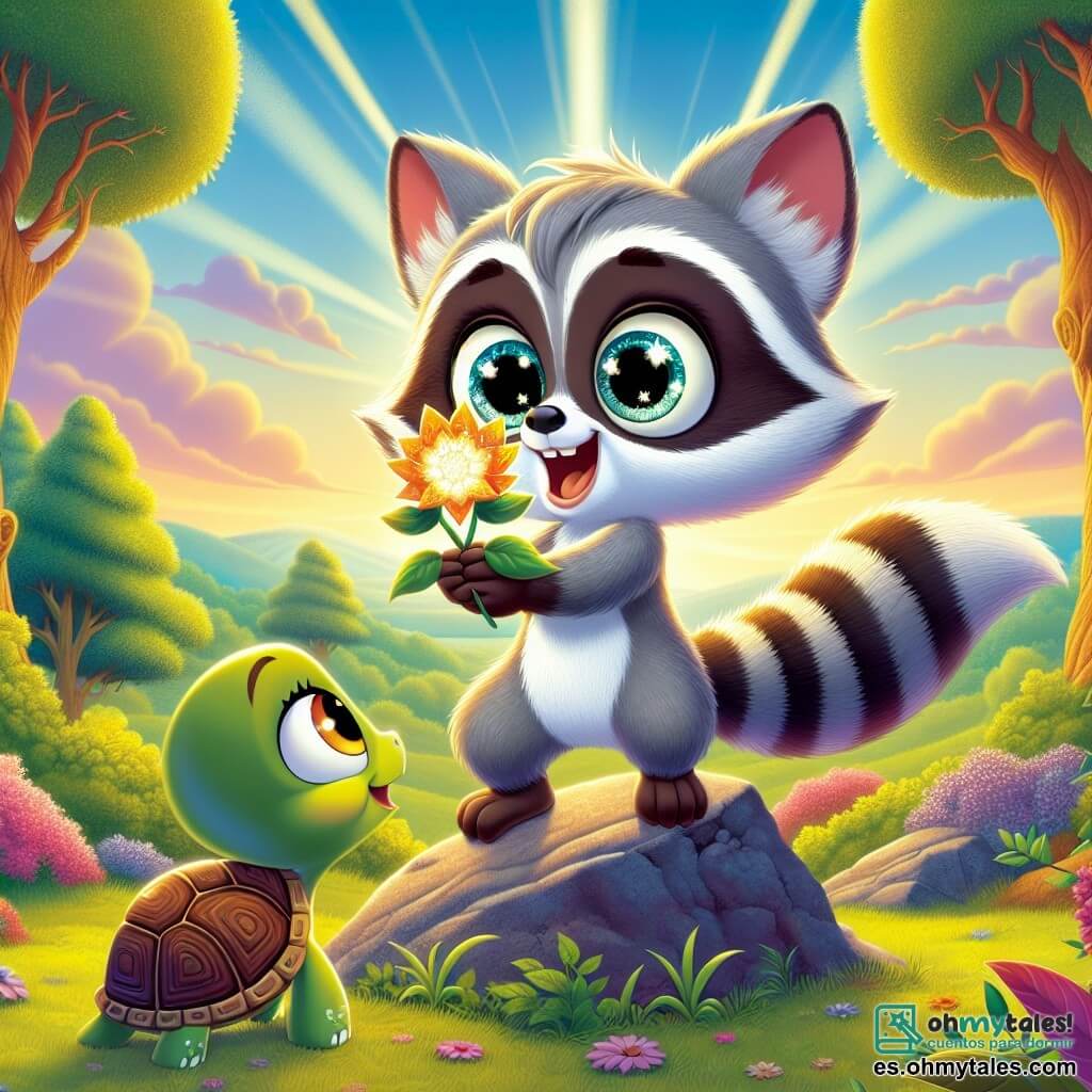 Tico, un pequeño mapache gris con ojos brillantes, está sobre una roca en la cima de una colina, con una mirada maravillada y una gran sonrisa en su rostro. Sostiene en sus pequeñas patas una flor brillante con pétalos dorados, símbolo de su aventura. A su lado, Tula, una tortuga de caparazón verde y ojos dulces, mira a Tico con orgullo, sus patas delanteras apoyadas en el suelo, mostrando una expresión de alegría y aliento. El paisaje es un hermoso cuadro de naturaleza: árboles majestuosos con hojas brillantes, flores coloridas que bailan al viento y un cielo azul salpicado de nubes esponjosas. Al fondo, el sol comienza a ponerse, proyectando tonos dorados sobre la escena. La situación principal muestra a Tico y Tula celebrando su éxito tras encontrar la flor de deseos, rodeados de una luz mágica que ilumina su camino, simbolizando la amistad y la aventura que han compartido.