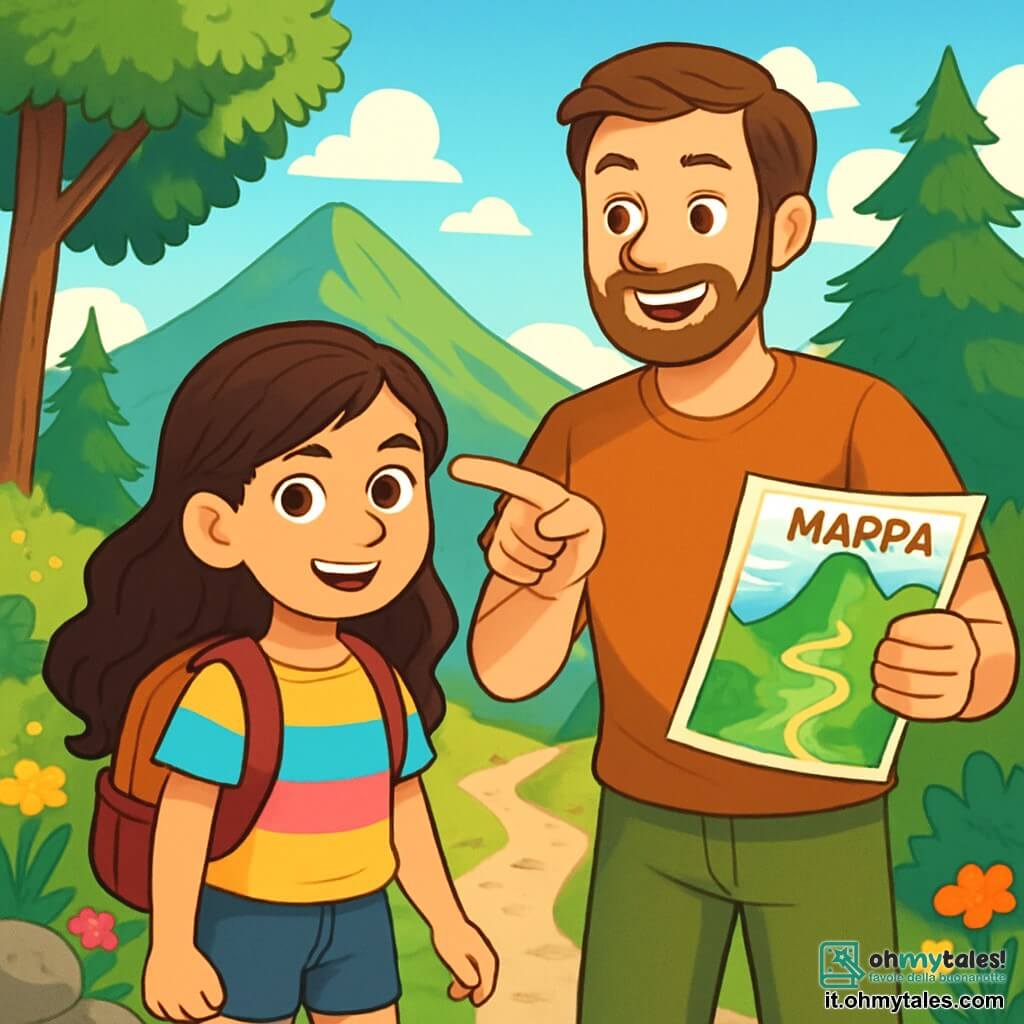 Una ragazza di 12 anni, di nome Giulia, con lunghi capelli castani ondulati e occhi pieni di curiosità, si trova sul bordo di un sentiero di montagna. Il suo viso esprime determinazione ed eccitazione, con un leggero sorriso che mostra la sua fiducia. Indossa una maglietta colorata e un pantaloncino, con uno zainetto pieno di provviste. Accanto a lei, suo padre, un uomo di quarant'anni con capelli castani e una leggera barba, sorride con orgoglio. Tiene una mappa di escursione in una mano e con l'altra mano poggiata sulla spalla di Giulia, le indica il percorso da seguire. Il luogo è una splendida montagna verdeggiante, con alberi maestosi e fiori colorati lungo il sentiero. Il cielo è di un blu brillante, punteggiato da alcune nuvole bianche e soffici. La scena principale mostra Giulia e suo padre pronti per un'avventura nella natura, con i raggi di sole che filtrano tra le foglie, simboleggiando la speranza e la gioia di esplorare insieme.