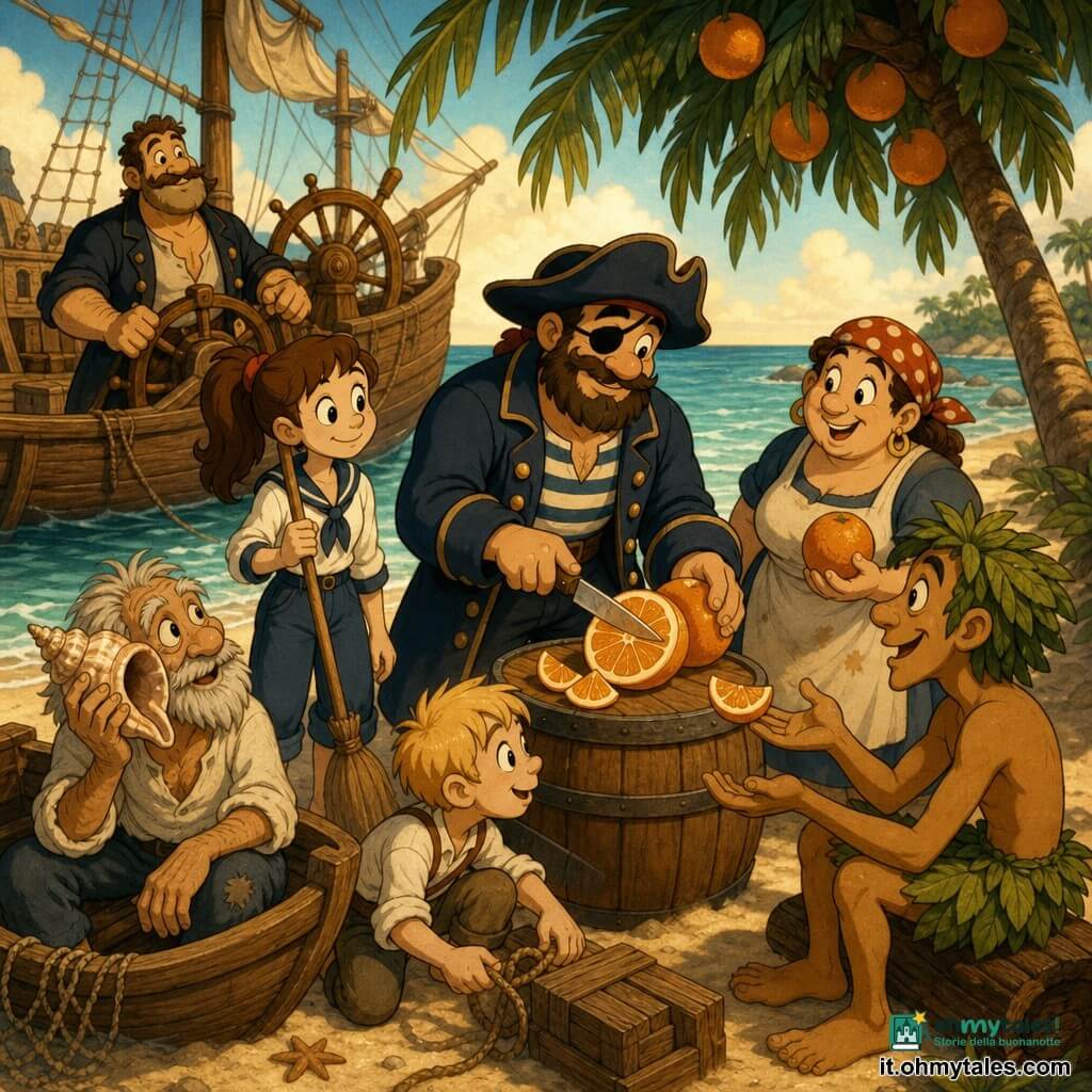 Capitano Marco, sulla quarantina, alto e robusto, benda sull’occhio sinistro e ampio cappello sugli occhi, volto sorridente, occhi curiosi e calmi, cappotto blu marinaio e camicia a righe, taglia lentamente un’arancia su una tavola appoggiata a una botte; Lucia, ~14 anni, coda di cavallo castana, viso rotondo entusiasta, semplice abbigliamento da mozzo, sta vicino alla spiaggia con una scopa pronta a muoversi; Bruno, ~40 anni, timoniere robusto con mani ruvide e giacca corta, osserva dal ponte vicino al timone; Marta, ~35 anni, cuoca tonda e allegra con grembiule macchiato, tiene un’altra arancia sotto una palma all’ombra; Piero, ~10 anni, magro e agile, capelli biondi, lega una corda vicino alle casse sulla sabbia guardando l’arancia condivisa; vecchio pescatore, ~70 anni, pelle segnata e capelli grigi arruffati, seduto in una piccola barca spiaggiata con una conchiglia all’orecchio, guarda il capitano riconoscente; un isolano adulto, ~30 anni, capelli verdi a foglia e vestiti di foglie, seduto su un tronco con le mani aperte ad accogliere una fetta d’arancia, espressione dolce e curiosa. Ambientazione: spiaggia tropicale di sabbia dorata con palme cariche d’arance, acqua turchese, cielo luminoso e la riva che riflette toni gialli; a sinistra una grande nave di legno ancorata, “Squalo Allegro”, con cordami e casse sulla sabbia. Situazione: composizione a mezza luna, scena calda e tranquilla di condivisione dell’arancia tra il capitano, l’equipaggio e gli isolani; colori saturi e contrastati, ombre morbide, texture in stile cartoon vintage, atmosfera di condivisione, curiosità e gentilezza espressa da sorrisi e gesti lenti.