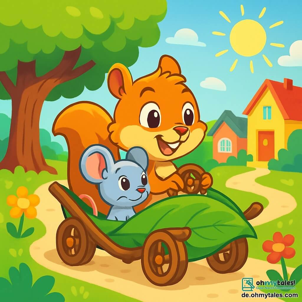 Nino, das kleine Eichhörnchen mit funkelnden Augen und goldenbraunem Fell, sitzt in seinem Entdeckomobil, einem Fahrzeug aus Blättern und Ästen, mit einem großen, aufgeregten Lächeln im Gesicht. Er hält das Lenkrad fest und ist bereit für ein Abenteuer. Neben ihm schaut die kleine graue Maus Mimi mit runden Ohren und neugierigem Blick umher, begeistert von der Aussicht. Im Hintergrund steht ein majestätischer großer Baum mit leuchtend grünen Blättern, während bunte Häuser und strahlende Blumen einen gewundenen Weg säumen. Die Szene spielt in einem sonnigen Park, wo die Sonnenstrahlen durch die Äste filtern und eine fröhliche, vielversprechende Atmosphäre schaffen. Nino und Mimi sind bereit, ihre Reise zu beginnen und die Geheimnisse der Stadt zu entdecken.
