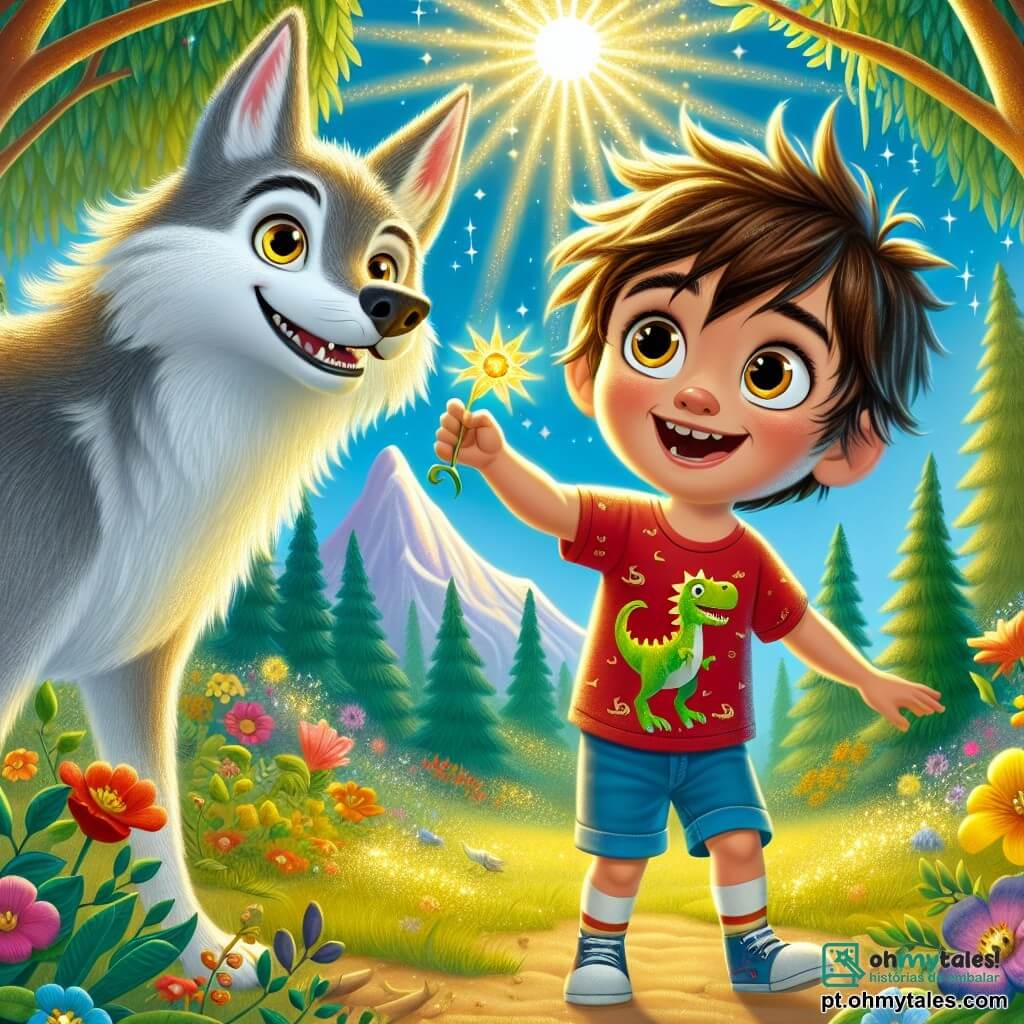 Um menino de 4 anos, chamado Tomás, com cabelos castanhos bagunçados e olhos brilhantes de curiosidade, está no centro da cena. Ele usa uma camiseta vermelha com um desenho de dinossauro e um short azul, exibindo um grande sorriso de excitação enquanto observa um lobo majestoso. O lobo, um grande animal de pelos cinzas e olhos dourados brilhantes, está ao lado de Tomás, com uma expressão suave e amigável, pronto para se libertar de seu antigo feitiço. A cena ocorre em uma clareira ensolarada, cercada por árvores altas com folhas verdes vibrantes, e flores coloridas que dançam na brisa leve. Ao longe, vê-se uma montanha majestosa, onde está a flor mágica. Tomás estende a mão em direção ao lobo, pronto para lhe entregar a flor dourada que acabou de colher, simbolizando amizade e coragem. A atmosfera está cheia de magia e esperança, enquanto o lobo se transforma, cercado por um brilho radiante.