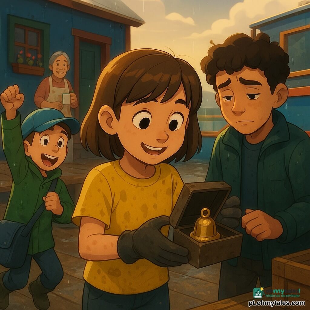 Lara, menina de 10 anos, observa uma caixinha aberta com maravilha e alívio, cabelo castanho cortado reto, camiseta amarela encharcada, mãos com luvas ligeiramente sujas segurando delicadamente um pequeno guizo de bronze brilhante; Tiago, menino de ~10 anos à esquerda, salta de excitação com boné azul e capa verde mostrando a bolsa molhada encontrada no cais; Tomás, rapaz de ~13 anos atrás à direita, aliviado mas envergonhado, cabelo encaracolado, jaqueta molhada, olhar baixo e mão no bordo da caixa como se confessasse; Dona Lina, mulher de ~50 anos junto à porta da cozinha comunitária, avental florido e uma xícara de chá, expressão doce; Inês, jovem de 20–25 anos na peniche colorida, cabelo curto, segura uma bobina de corda dourada sorrindo; cenário: cais de madeira brilhando após a chuva, peniche azul e vermelha com vasos, poças refletindo luz, cordas e caixas espalhadas; situação: o grupo descobre o guizo de bronze numa caixinha molhada vinda de uma bolsa caída na água, gestos cautelosos, misto de alívio e compaixão, fim da chuva com luz suave do sol entre nuvens; estilo visual: cores saturadas, cel-shading nítido, sombras suaves, silhuetas arredondadas, expressões bem legíveis, composição centrada em Lara e na caixa com leve profundidade de campo destacando o guizo brilhante.