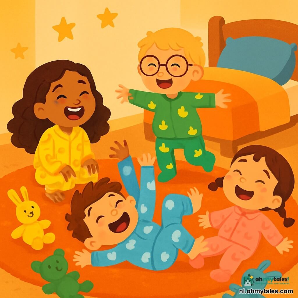 Er zijn 4 kinderen: Noor, een 5-jarig meisje met lange krullende haren en sprankelende ogen, draagt een gele pyjama met bananen en zit op de vloer te lachen. Sam, een 6-jarige jongen met rommelig bruin haar en een ondeugende glimlach, draagt een blauwe pyjama met wolken en rolt op de grond met zijn armen in de lucht, lachend. Bram, een 5-jarige jongen met ronde brillen en blond haar, draagt een groene pyjama met eenden en probeert staande zijn evenwicht te houden, terwijl hij lacht. Lila, een 4-jarig meisje met vlechten en roze wangen, draagt een roze pyjama met kleine sokken en ligt op de vloer te lachen met de anderen. De ruimte is een gezellige kamer met pastelgekleurde muren, schitterende sterren aan het plafond en een groot, zacht tapijt op de vloer. Kleurige knuffels liggen verspreid om hen heen, en een zachte licht komt van een maanvormige lamp. De kinderen lachen vrolijk om hun te grote of te kleine pyjama's, wat een sfeer van geluk en vriendschap creëert voordat ze in slaap vallen.