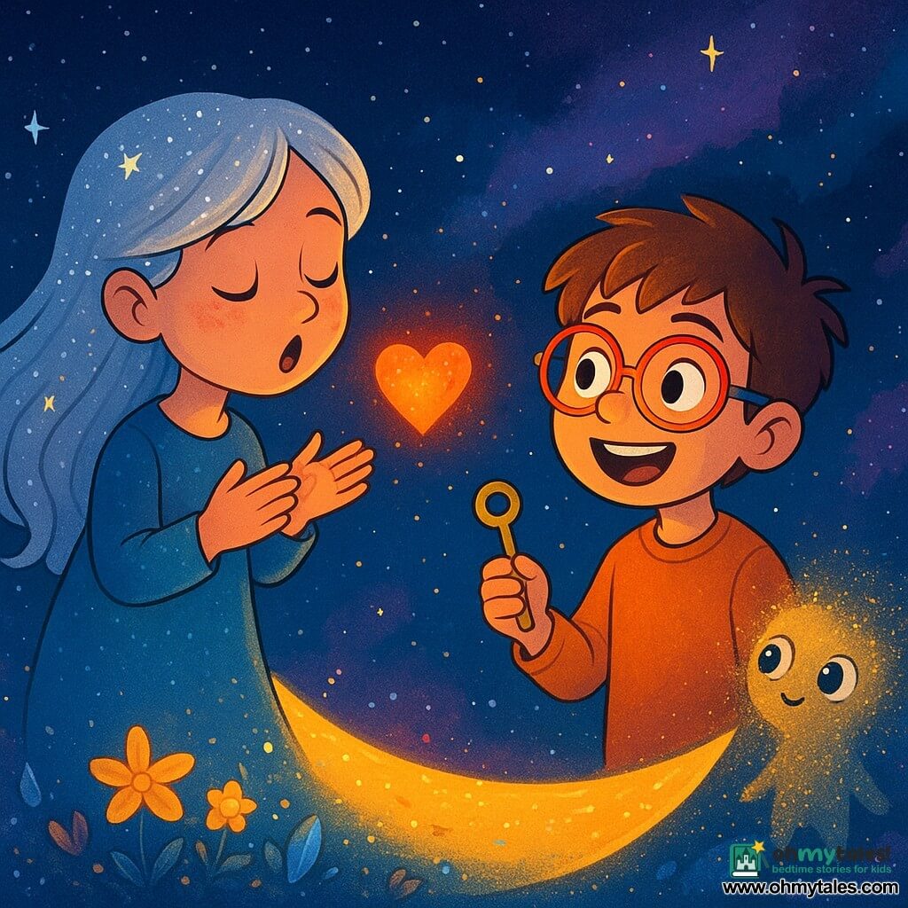 A woman named Liora, with silver hair sparkling like stars, stands on the edge of a small shining moon. Her face expresses curiosity and gentleness, her eyes sparkling with wonder as she softly sings to a small glowing heart. Beside her, a boy named Jor, about 10 years old, wearing colorful glasses and a broad smile, admires Liora while holding a small key-shaped tool. A little further away, a small creature made of stardust, with round shiny eyes, looks at Liora with an expression of hope. The setting is a celestial landscape, with twinkling stars and colorful nebulae in the background. The moon they are on is dotted with luminescent flowers and small crystals shining in the starlight. The main scene shows Liora singing to soothe the hesitant glowing heart, while Jor and the little creature watch with expressions of encouragement and wonder.