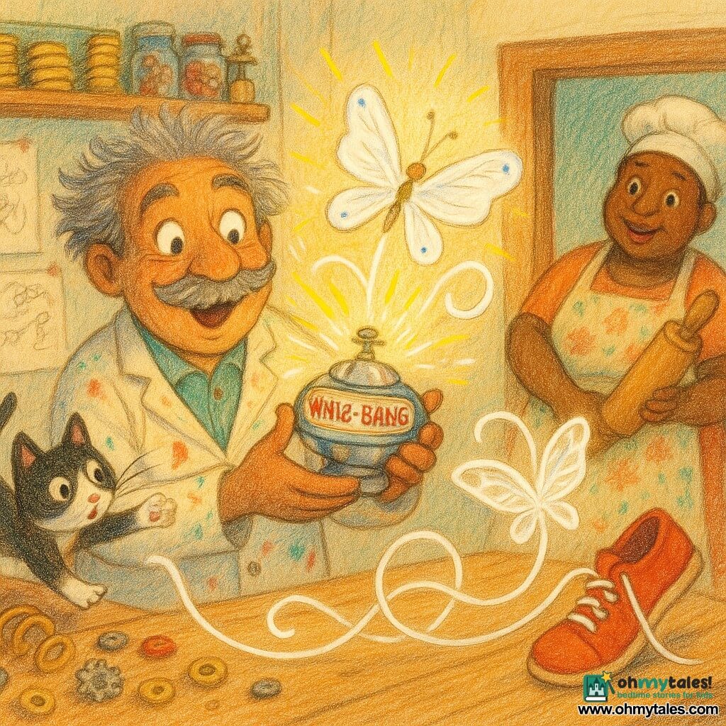A round-faced, mustachioed inventor with messy light-gray hair, smiling and surprised, wears a paint-stained smock and holds a shiny mechanical device that spins and flashes; a small black-and-white cat named Whiskers with big curious eyes leaps onto the workbench to catch flying shoelaces; Mrs. Twinkle, a warm, plump 45-year-old baker in a floral apron, watches from the doorway with a rolling pin; the cluttered, colorful workshop has sketches on the walls, shelves of springs, gears and red buttons, and a soft-window light; the device called Whiz-Bang makes a large white lace dance and turn into a lace butterfly, pulling a red shoe across the floor in a joyful, playful, slightly chaotic scene.