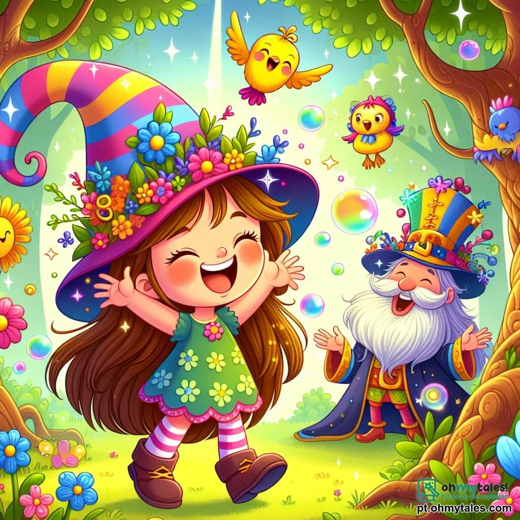 Uma menina de 6 anos, chamada Ana, está no centro do palco, com um grande sorriso no rosto. Ela tem longos cabelos castanhos e usa um chapéu colorido que muda de cor, decorado com flores e estrelas. Ana ri, e bolhas de sabão coloridas saem de seu chapéu, flutuando ao seu redor. Ao lado dela, um passarinho chamado Piupiu, com penas amarelas e azuis, voa alegremente, fazendo piruetas. Um pouco mais longe, o Rei Barulhento, um homem de meia-idade com uma grande barba e um chapéu extravagante, ri de coração, com os braços levantados em sinal de alegria. A cena se passa em uma floresta encantada, cercada por árvores com troncos torcidos e folhas brilhantes, enquanto flores dançam ao redor, e um raio de sol suave filtra pelas ramas, criando uma atmosfera mágica e alegre. Ana, com seu sorriso radiante, encontra uma pequena varinha mágica no chão, emitindo faíscas coloridas, enquanto Piupiu voa ao seu redor e o Rei Barulhento aplaude, criando um clima de festa e aventura.